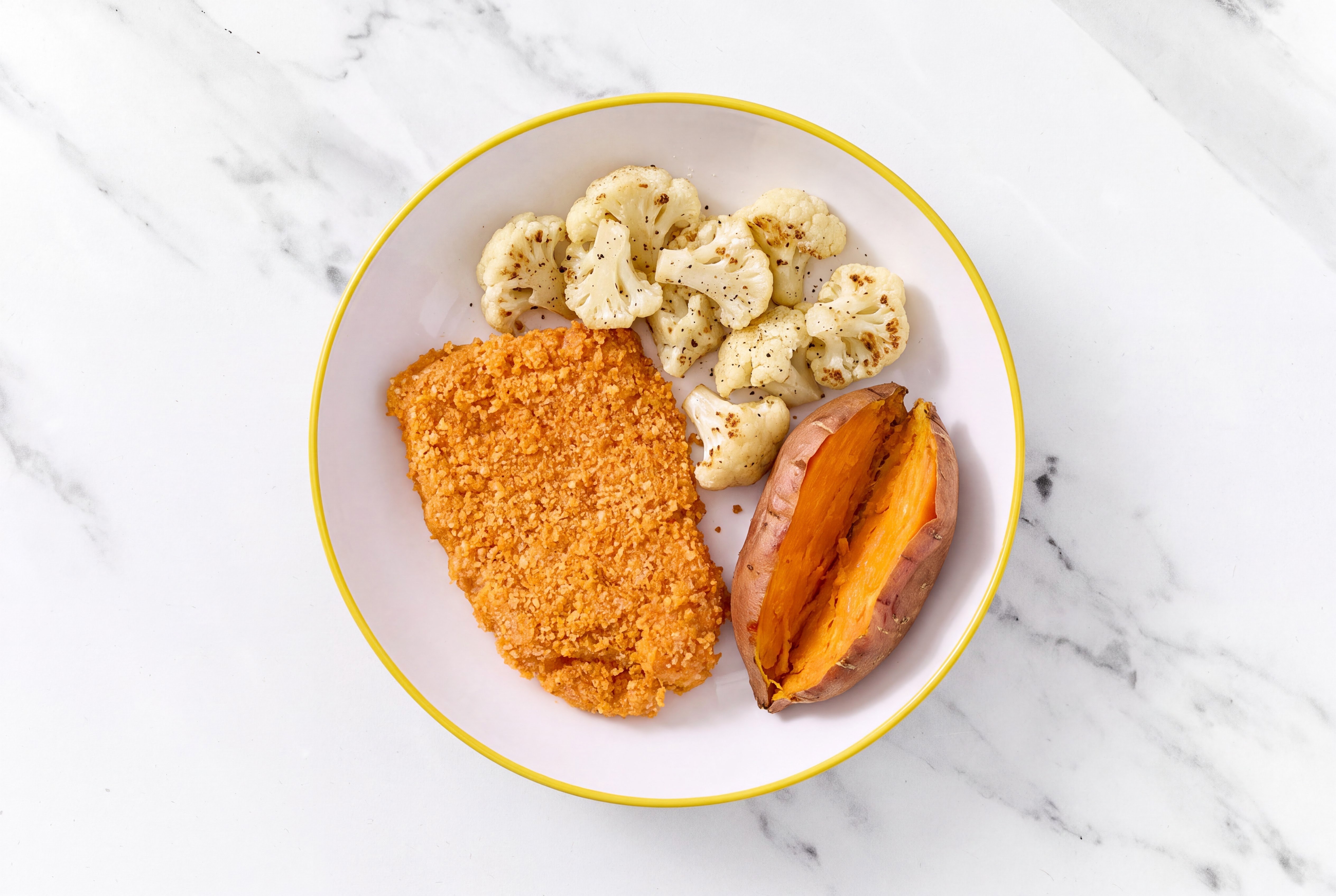 Hot Honey Breaded Chicken Cutlet with Cauliflower Florets & Sweet Potato