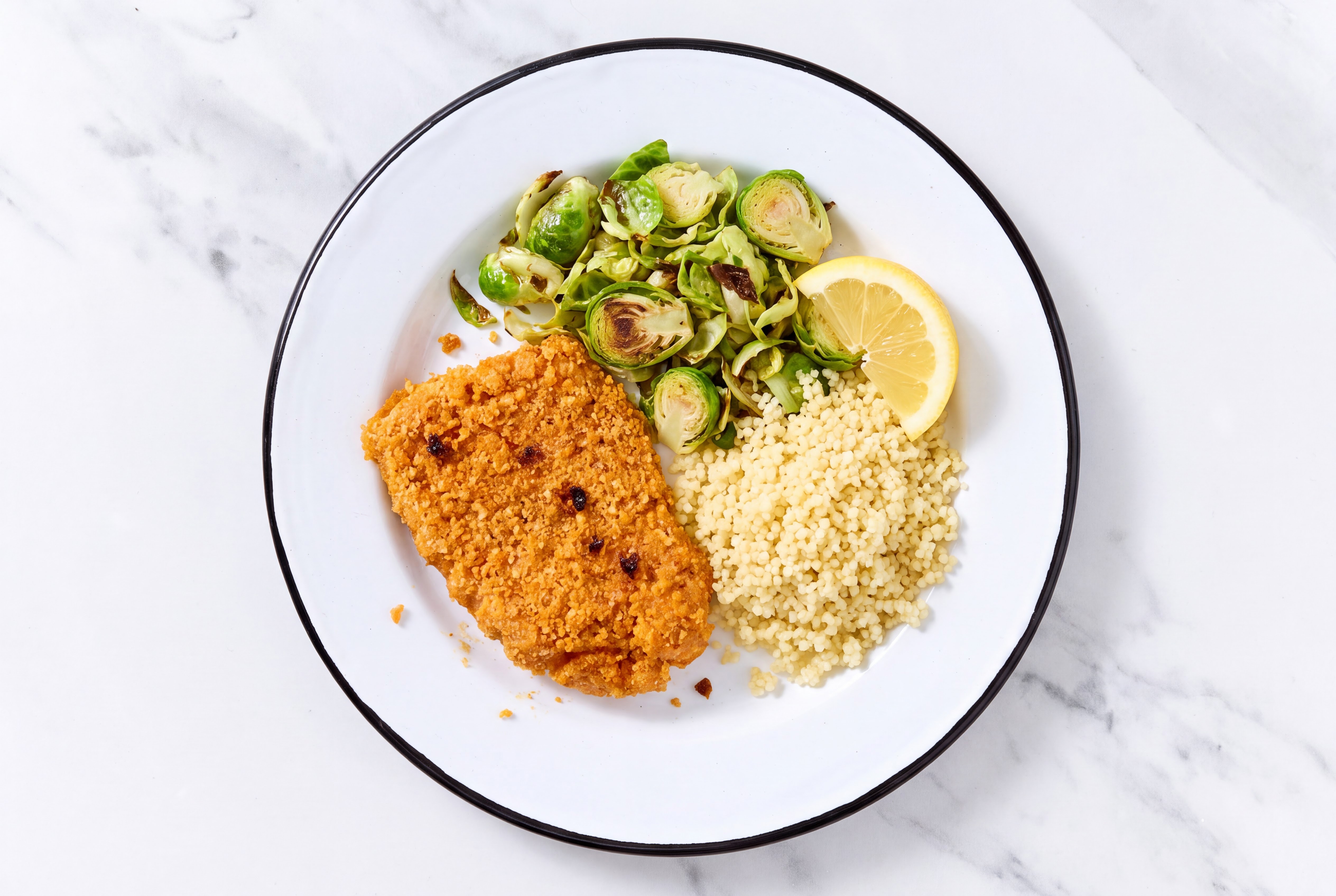 Lemon Hot Honey Breaded Chicken Cutlet with Brussels Sprouts & Couscous