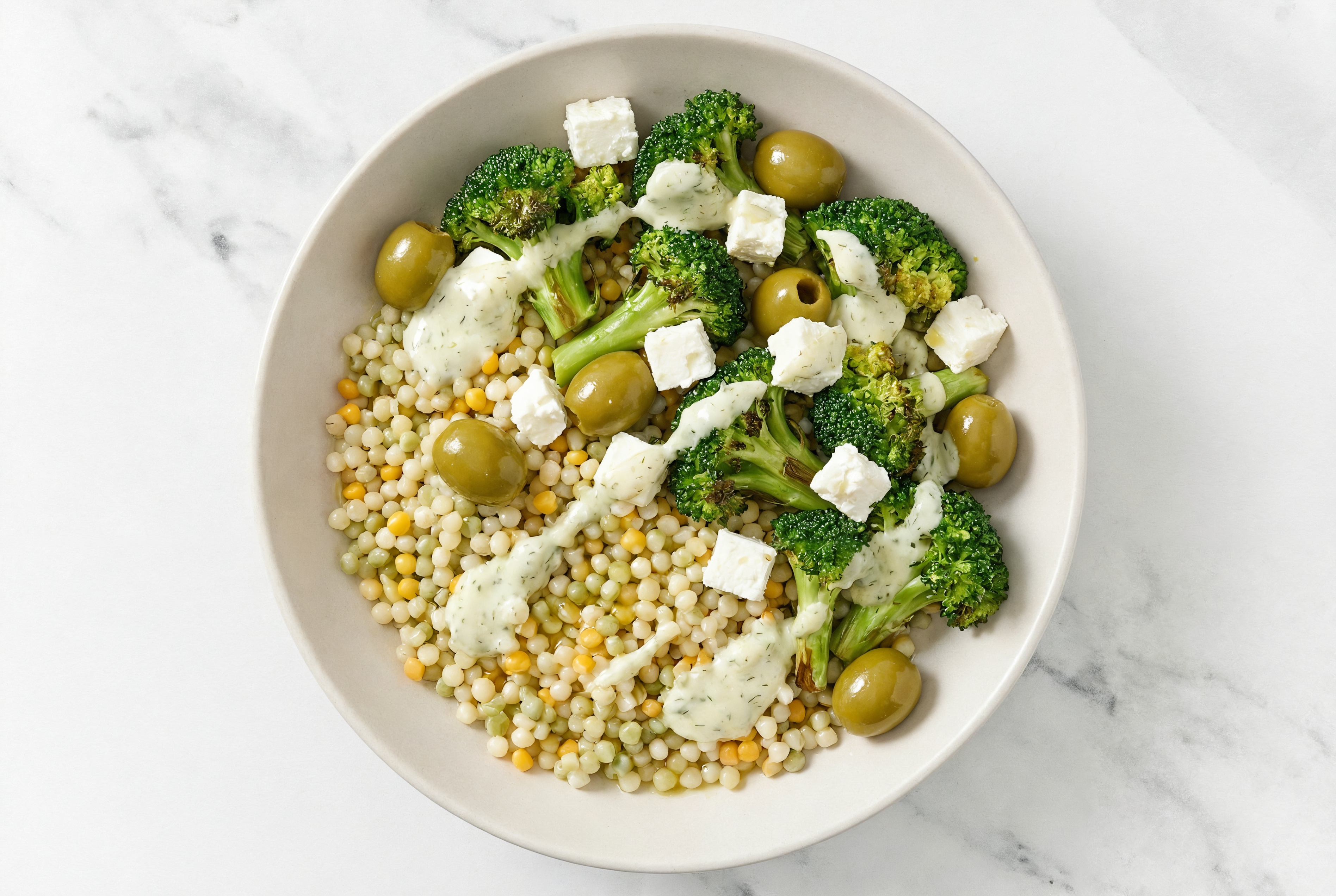 Dill Broccoli Feta Green Olive Grain Bowl