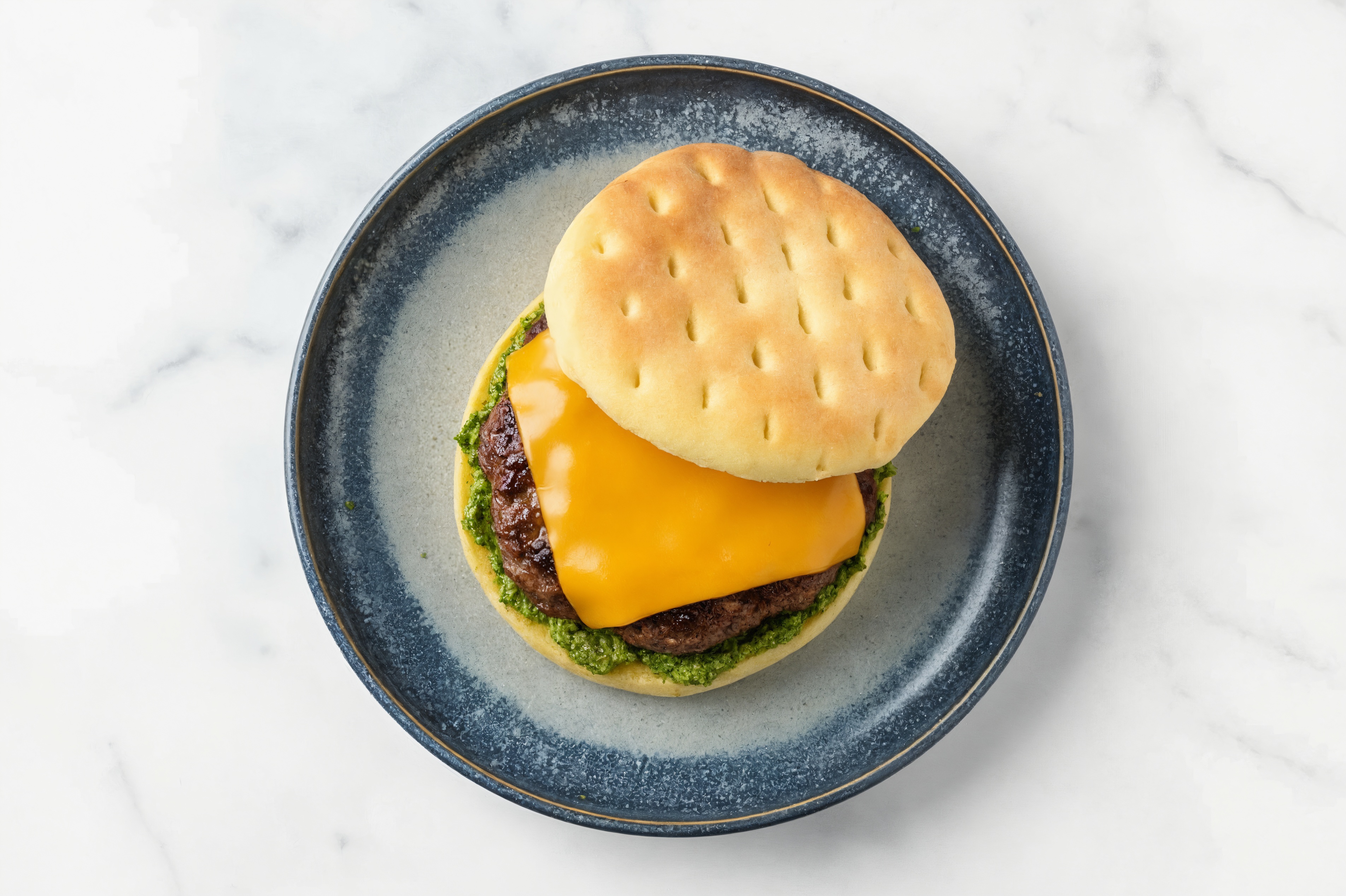 Bison Burger on Brioche Thin Buns with Spinach Pesto & Cheddar