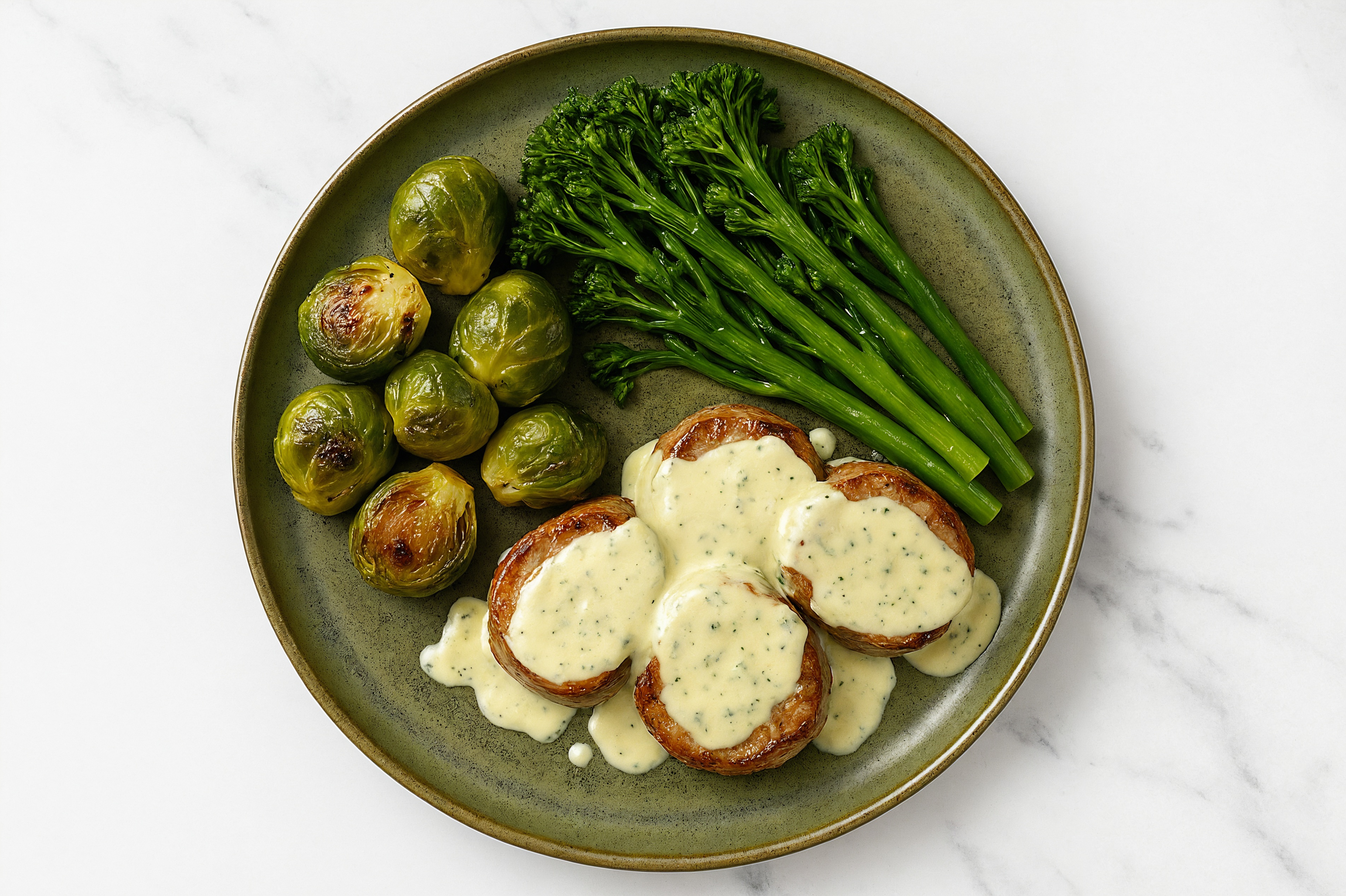 Creamy Herb Smothered Pork Tenderloin with Baby Broccoli & Roasted Brussels