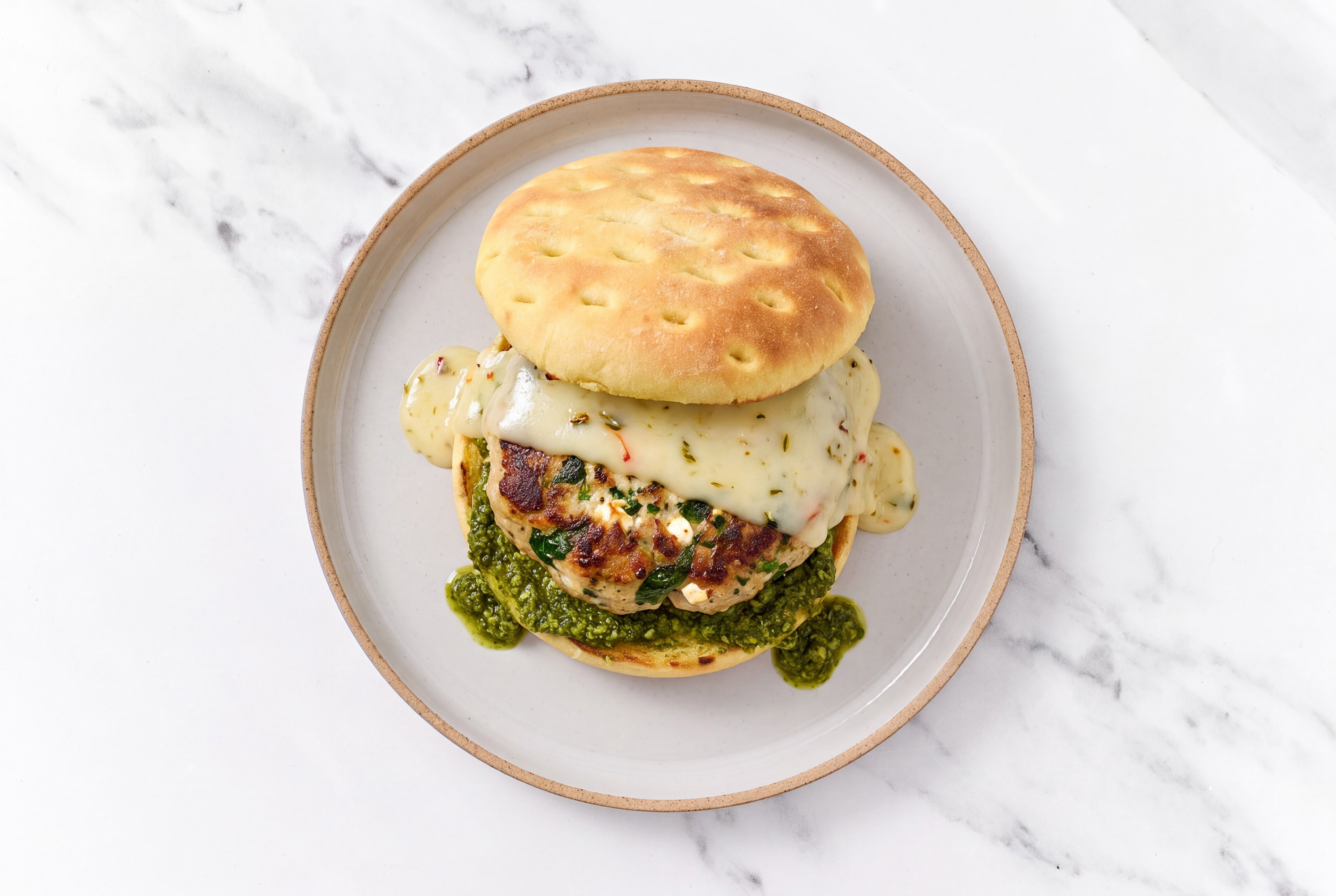 Garlic Turkey Burger on Brioche Thin Buns with Spinach Pesto & Pepper Jack