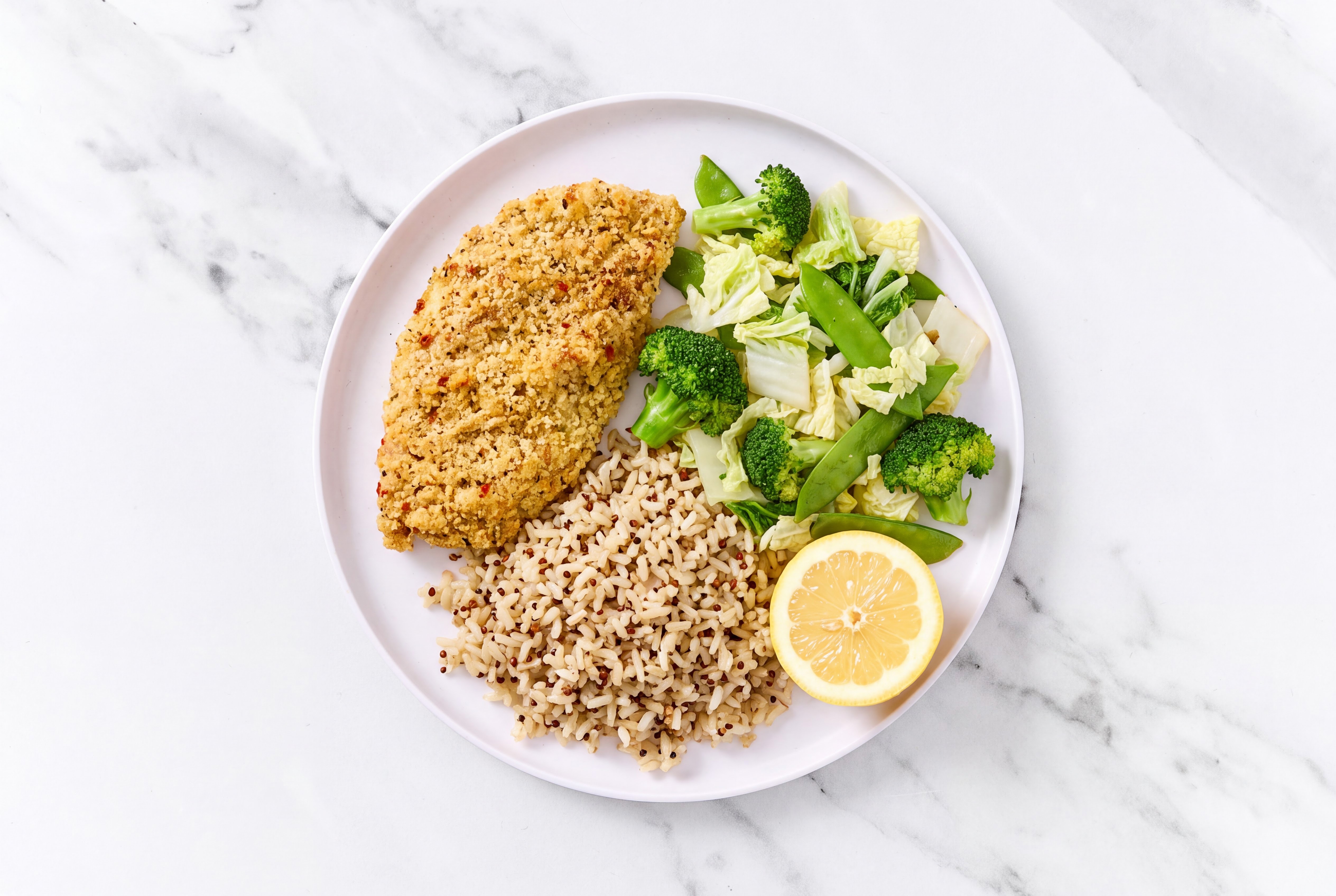 Lemon Parmesan Breaded Chicken Cutlet with Bok Choy & Brown Rice