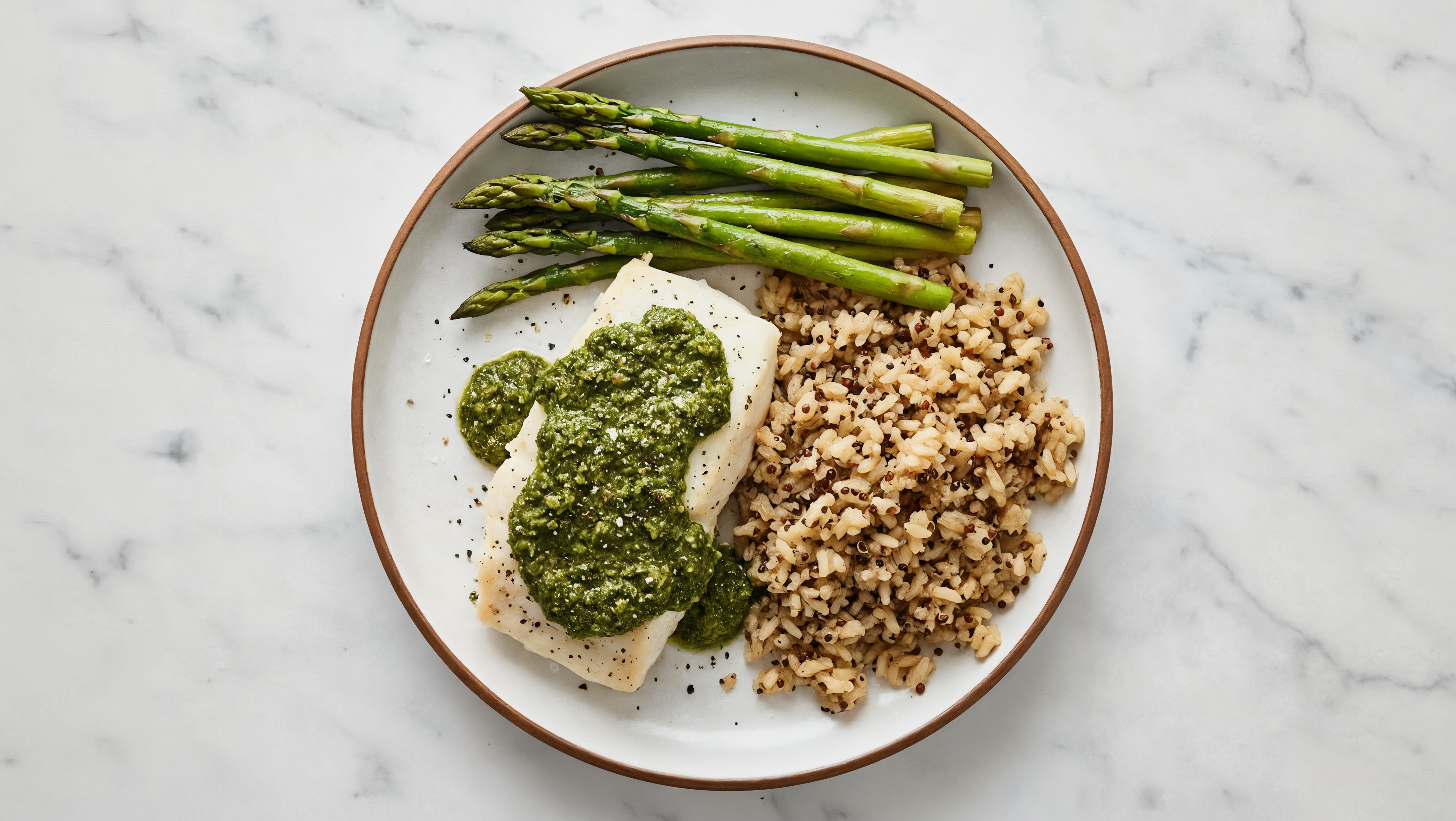 Oven Roasted Halibut with Asparagus + Pesto