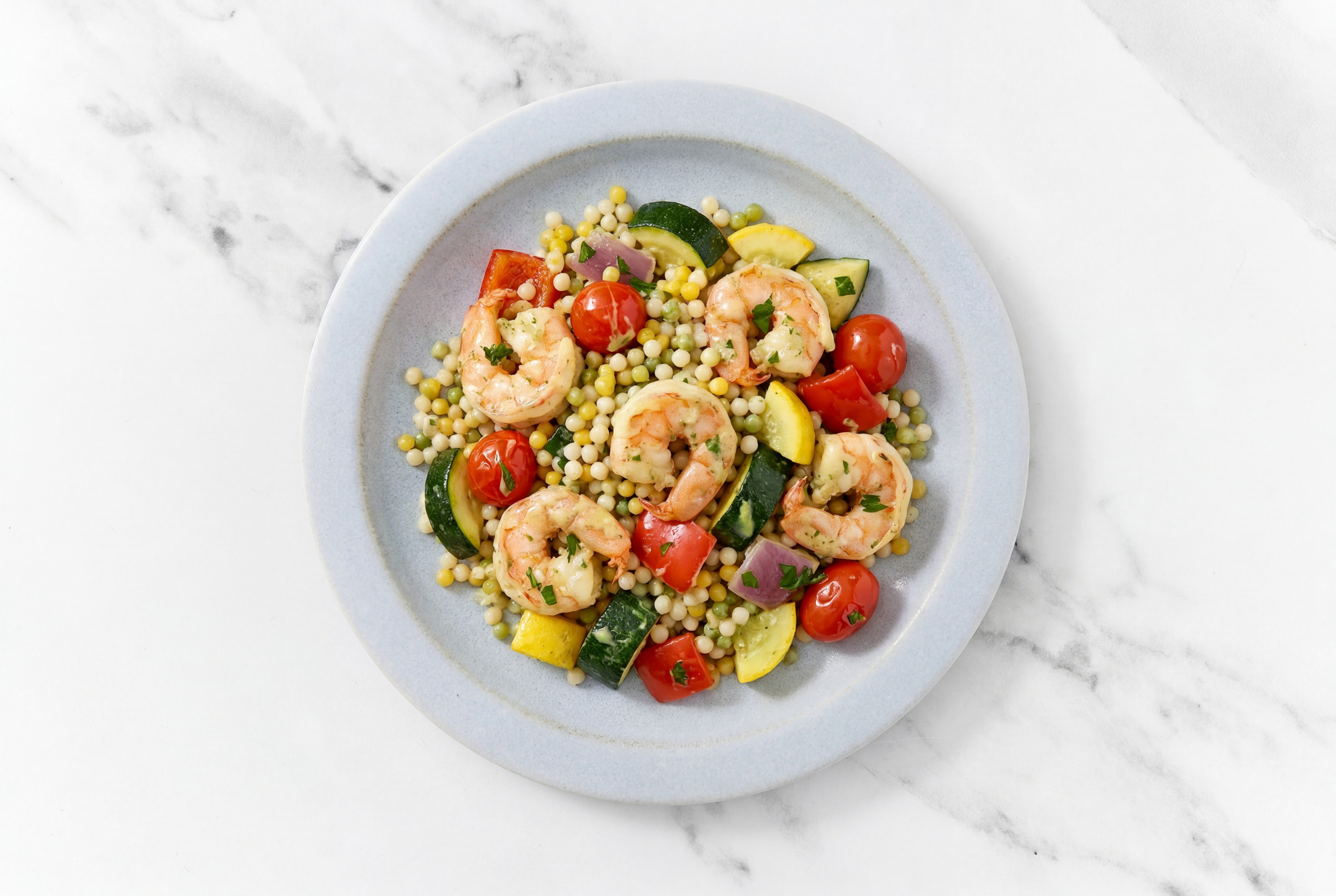  Summer Veggie + Shrimp Couscous Pasta Salad