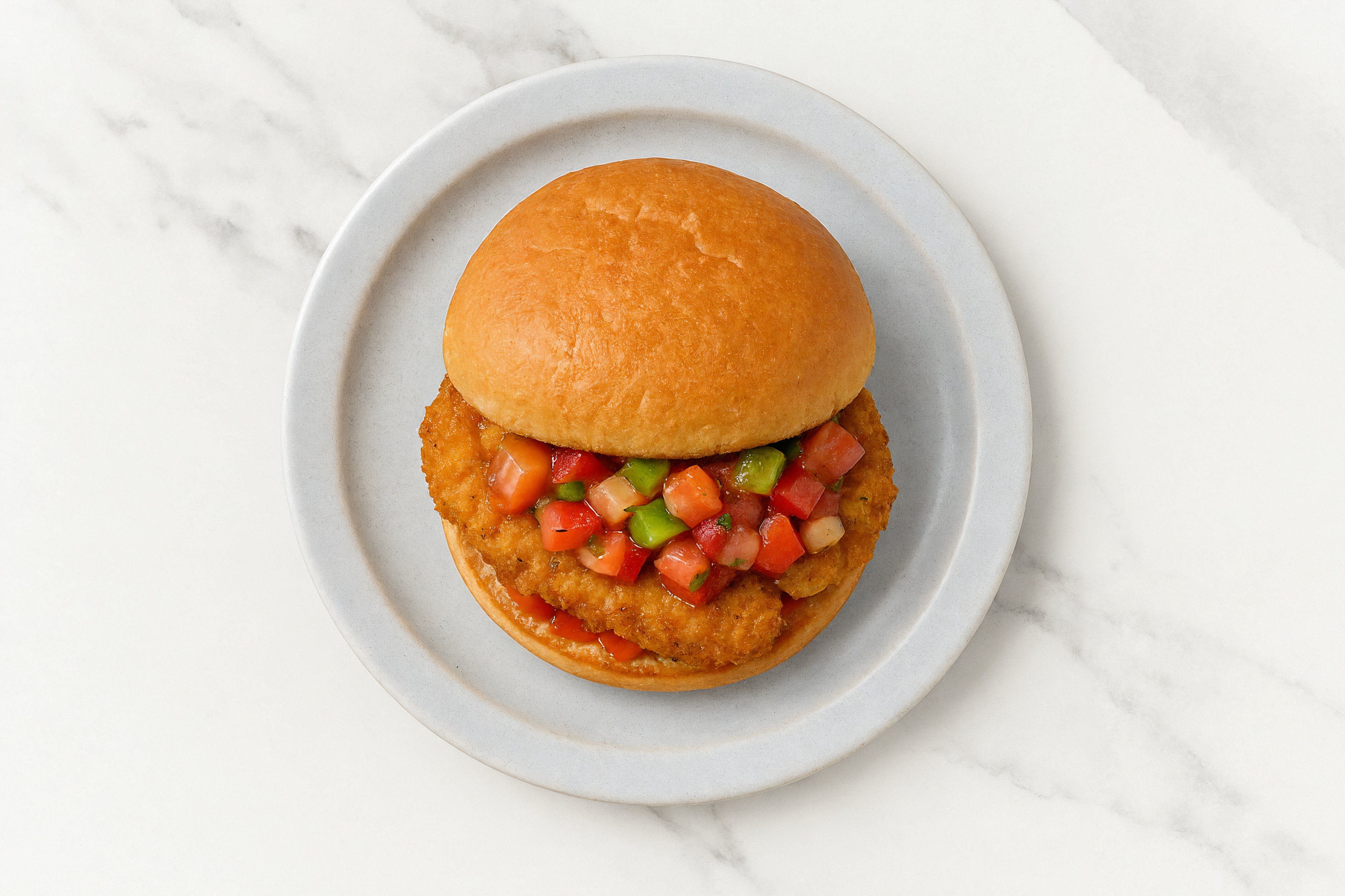 Mexican "Chicken" Tenders Sandwich with Roasted Peppers on Gluten-Free Buns