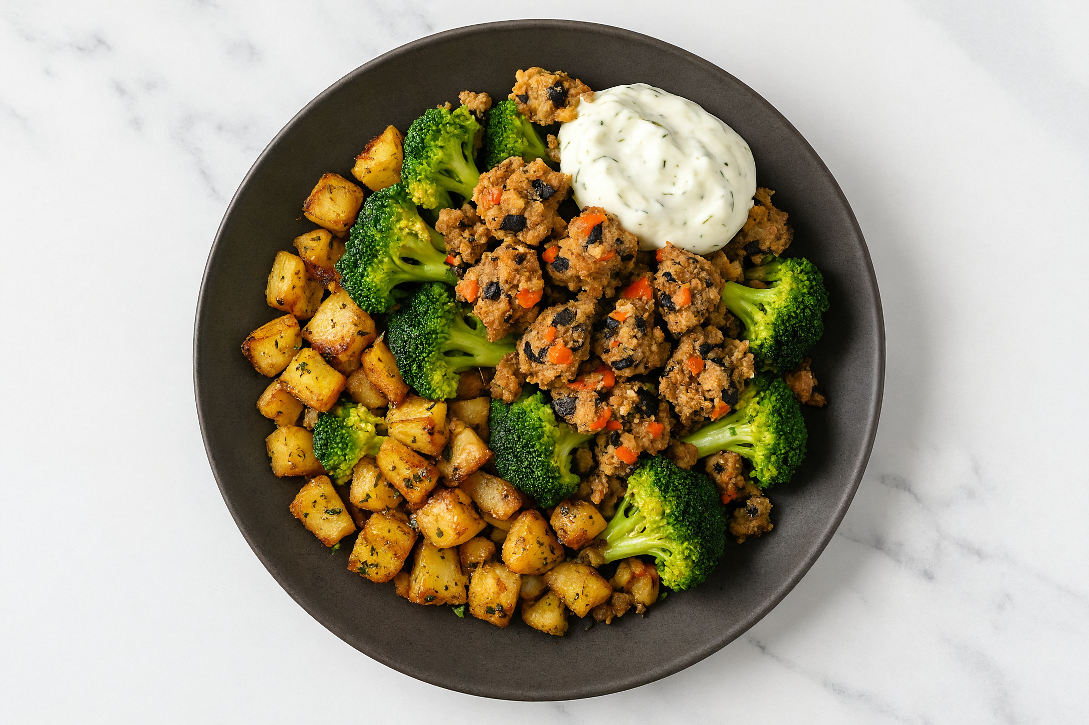 Tzatziki Black Bean Potato Bowl with Broccoli Florets
