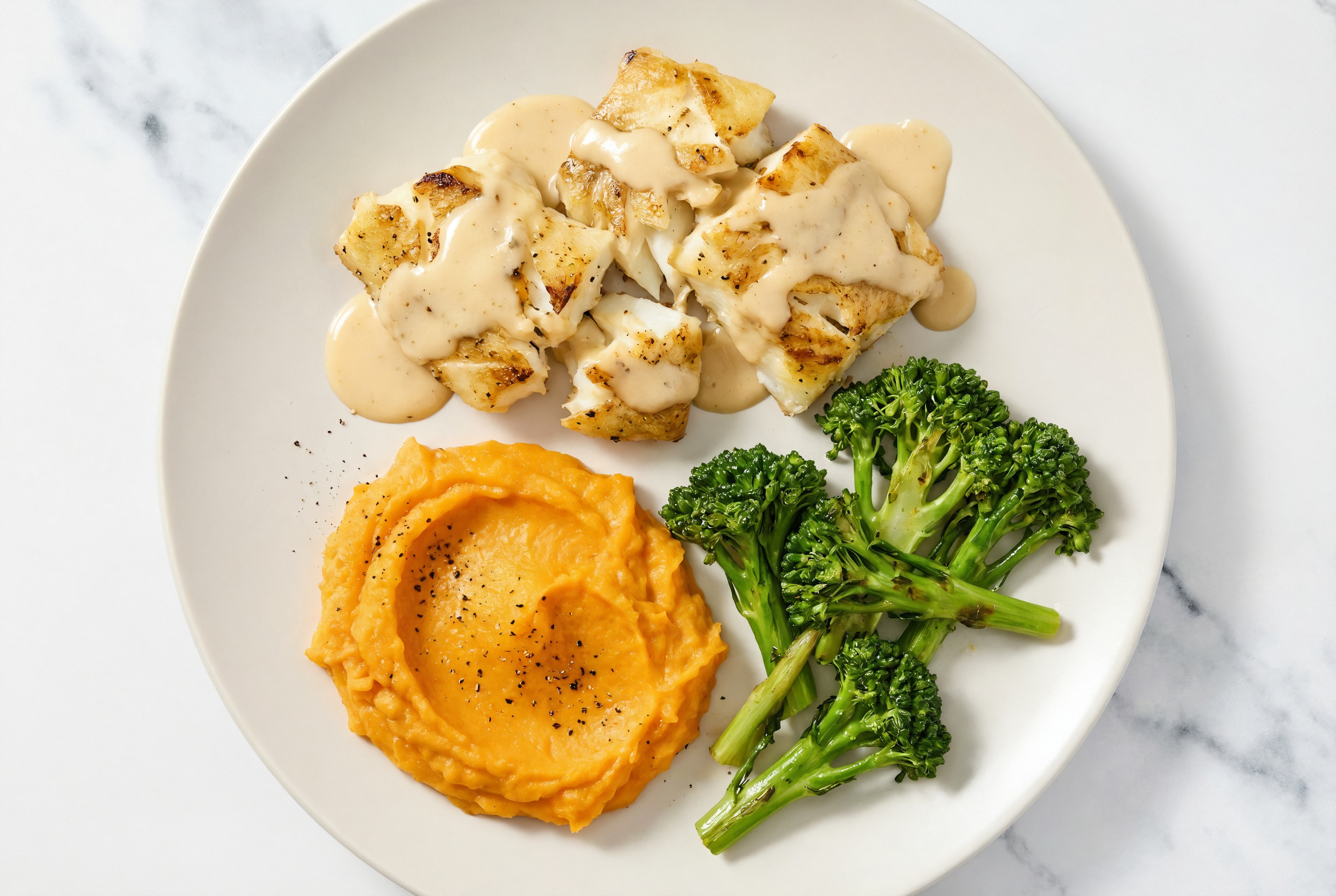 Creamy Miso Halibut Sweet Baby Broccoli Potato Bowl
