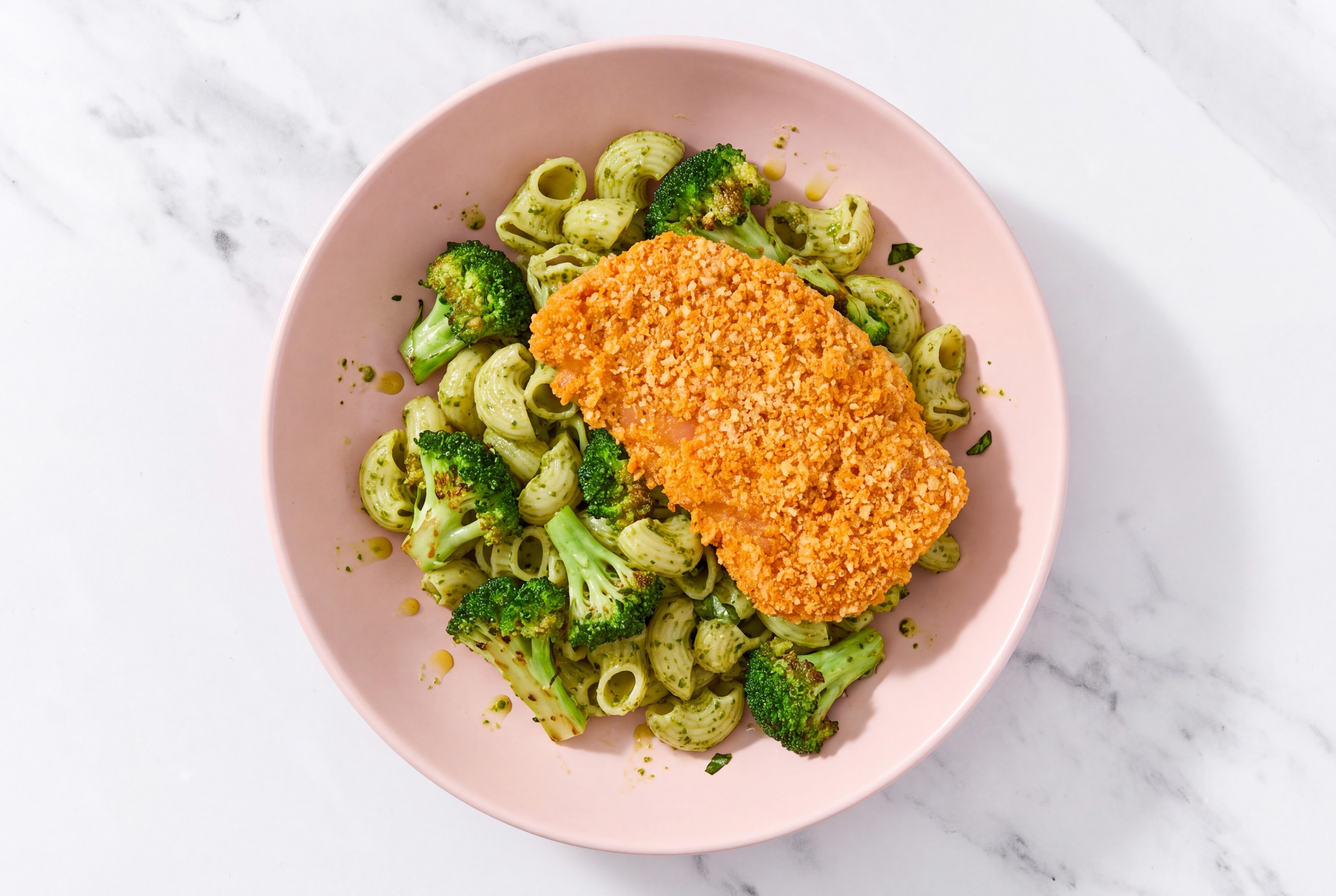 Crispy Hot Honey Chicken over Pesto Chiocciole Pasta with Broccoli