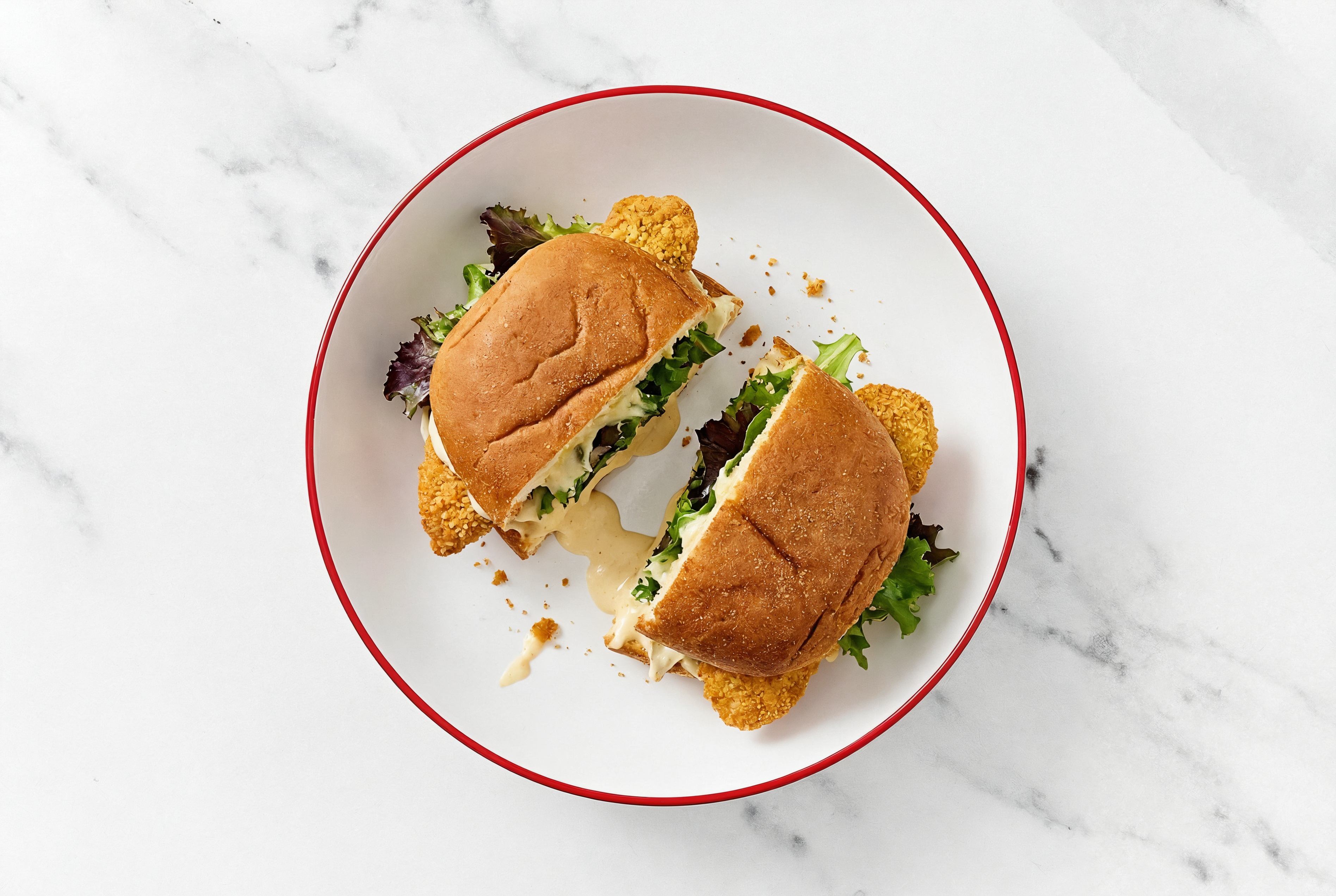 Creamy Horseradish "Chicken" Tenders Sandwich with Spring Mix on Gluten-Free Buns