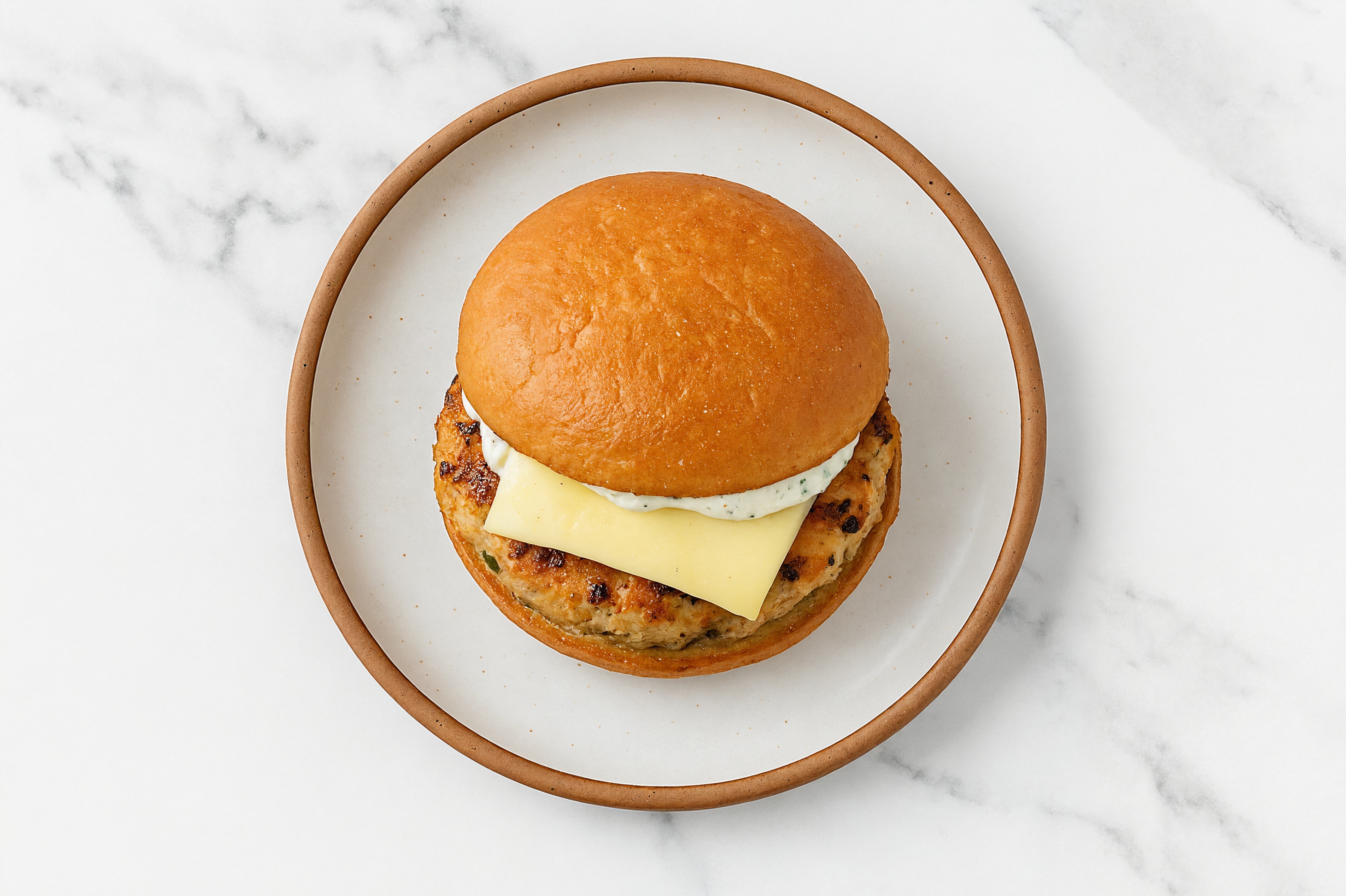 Garlic Chicken Burger on Gluten-Free Bun with Tzatziki & Swiss