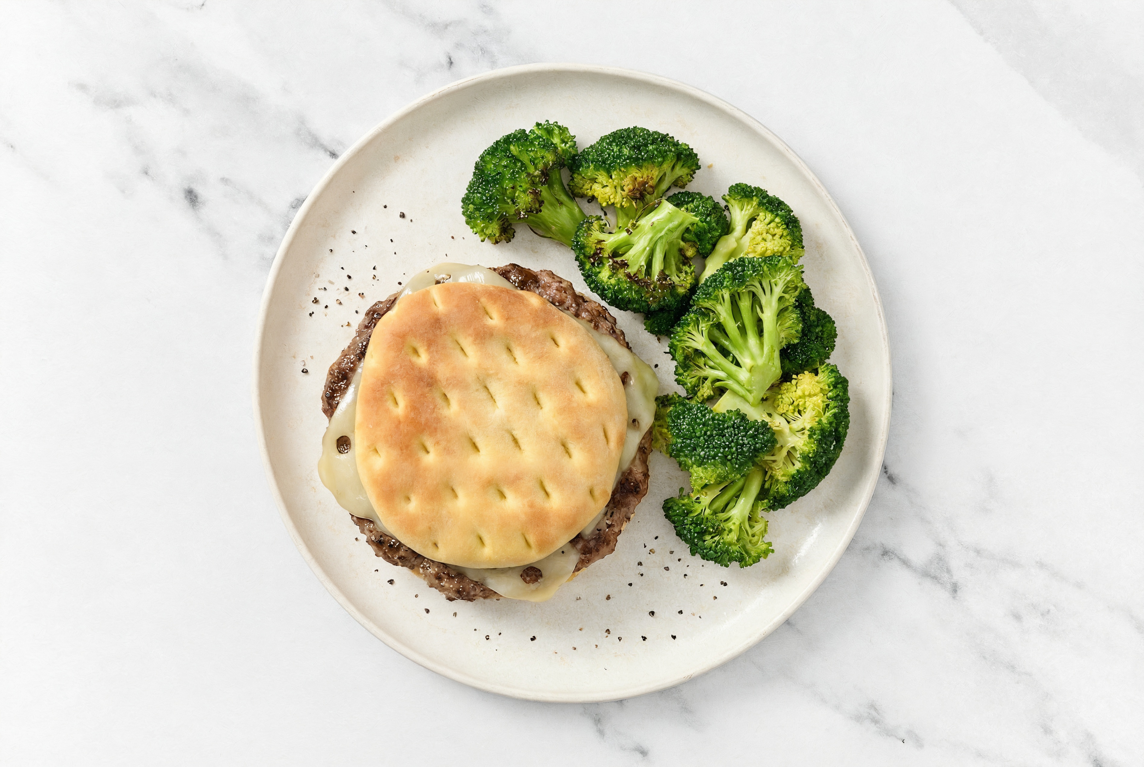 Swiss Burger + Roasted Organic Broccoli with Ground Beef Patties