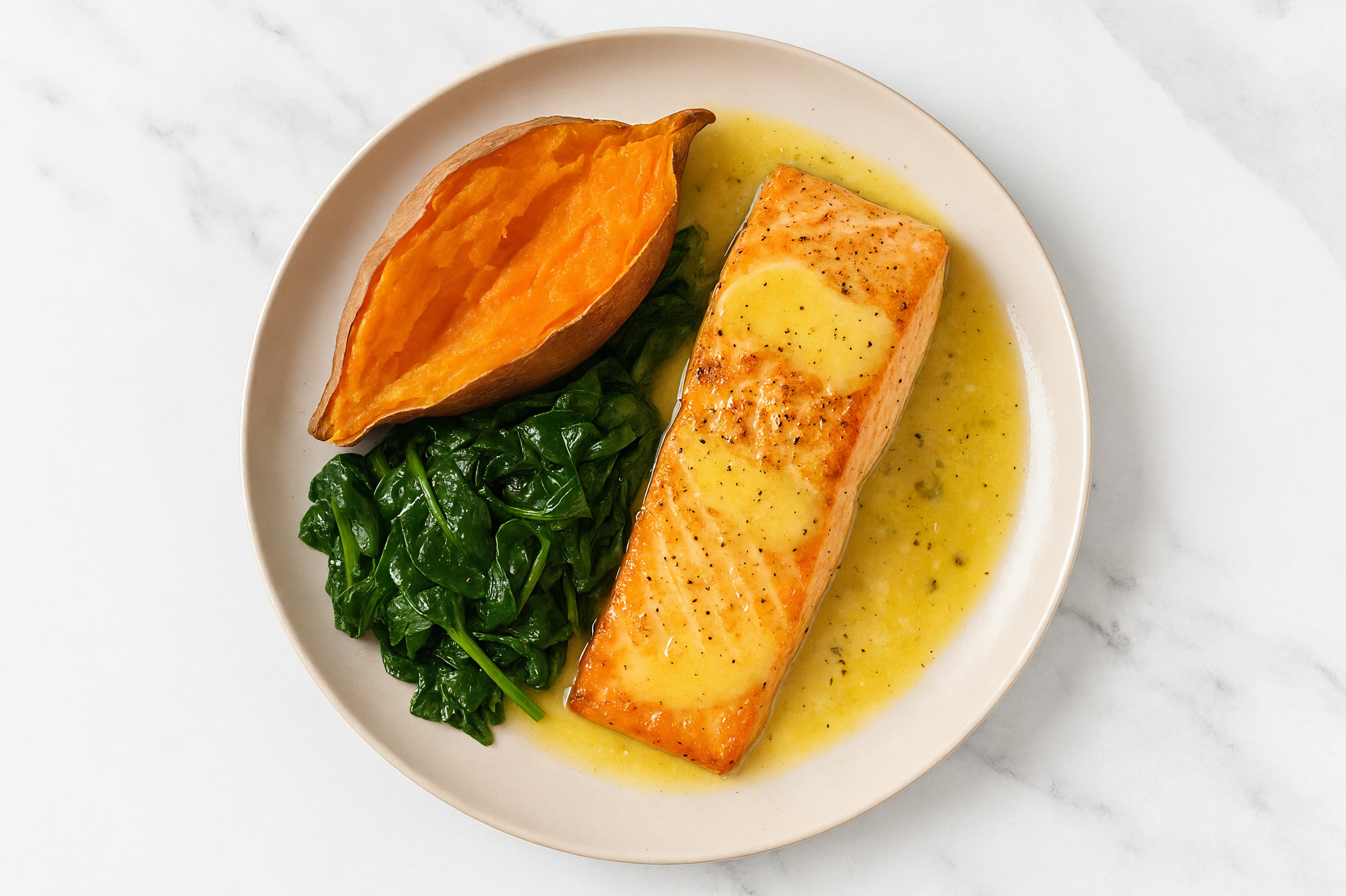 Lemon-Slow Churned Pasture Butter Salmon with Sweet Potato & Spinach