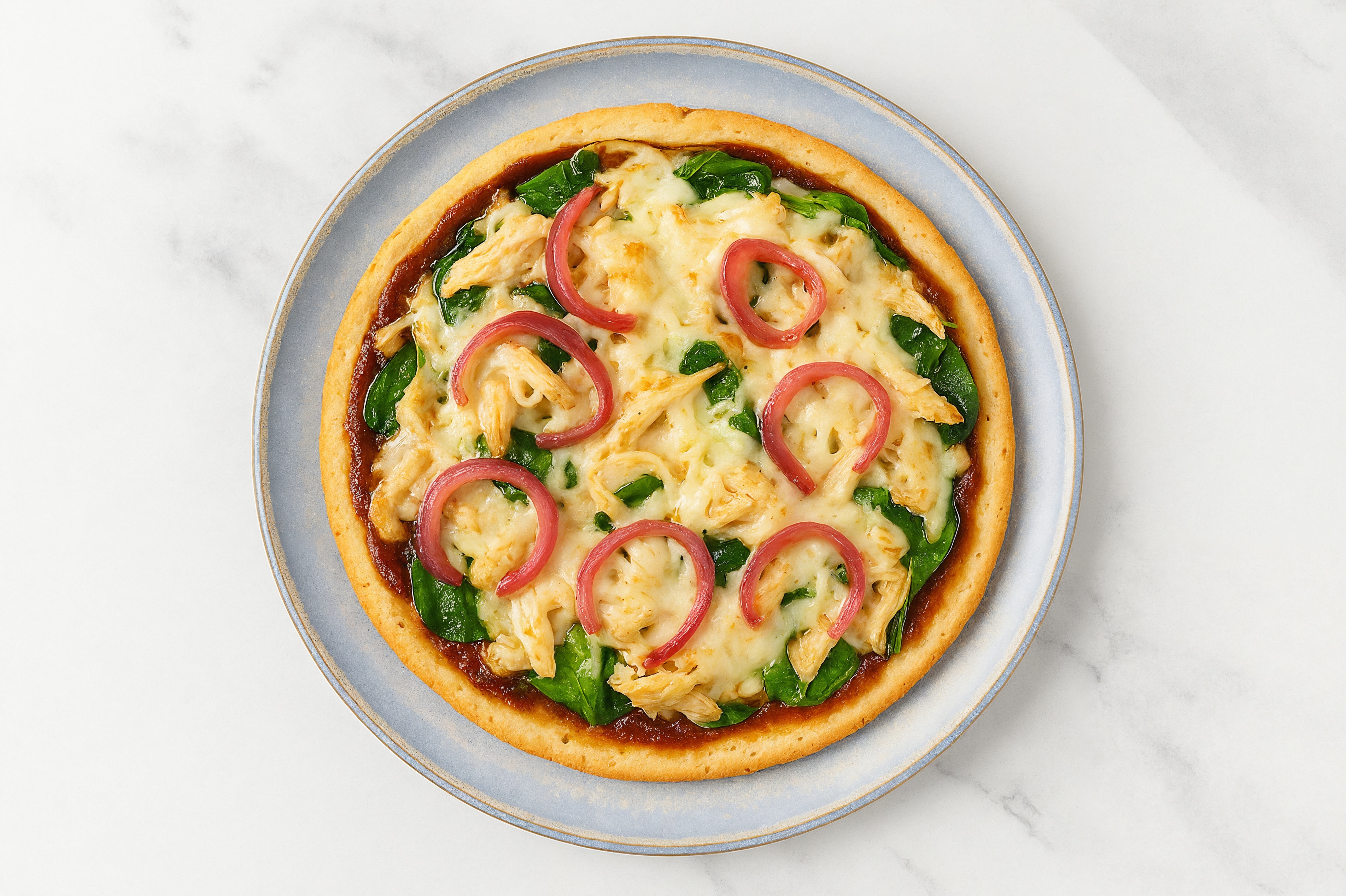 BBQ Pulled Chicken + Spinach Gluten-Free Pizza with Pickled Onion with Original BBQ