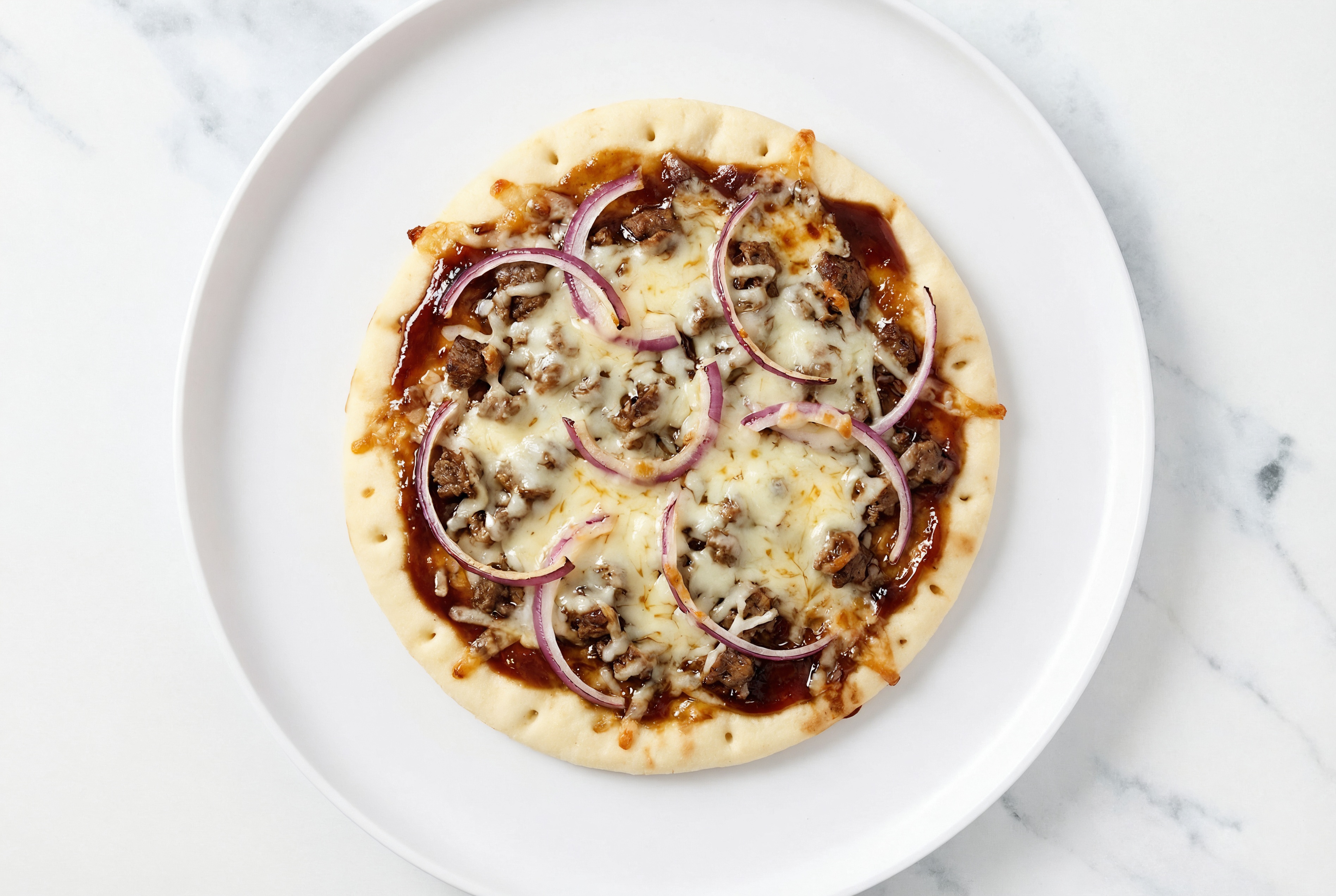  Japanese BBQ Ground Beef Patties, Red Onion + Shredded Mozzarella Cheese Flatbread