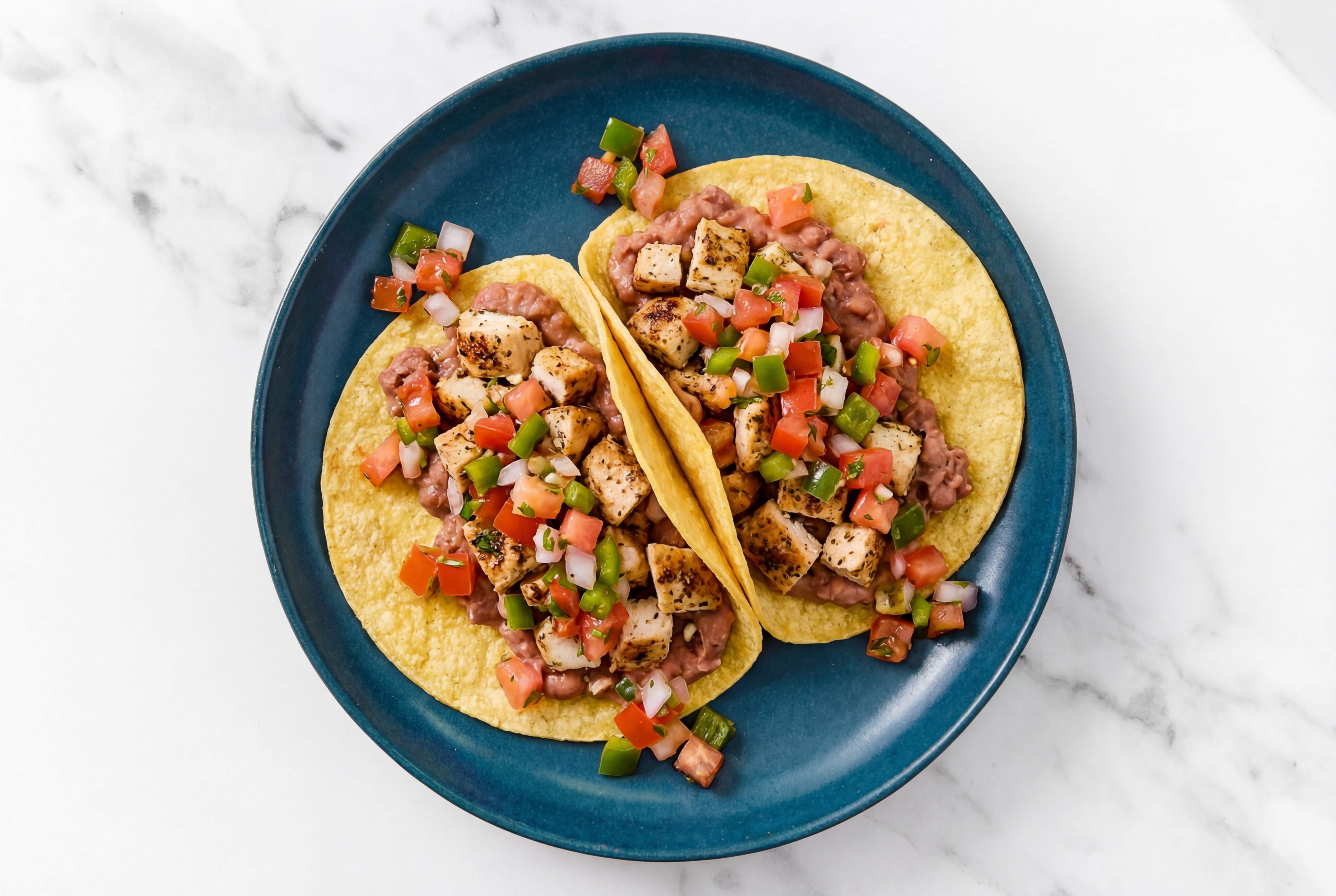 Herby Garlic Chicken Tacos with Fresh Salsa & Refried Red Beans