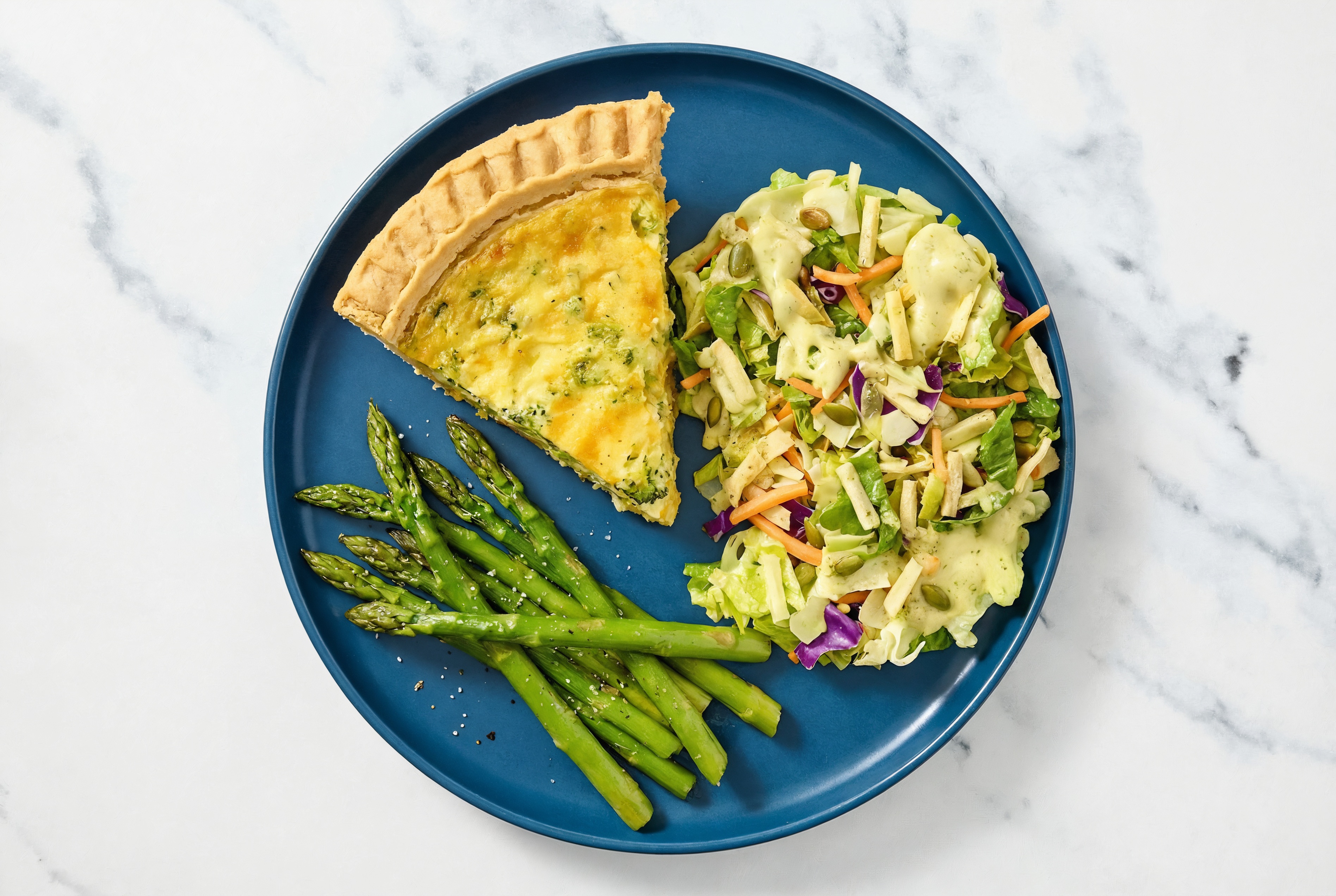 Broccoli & Cheddar Quiche with Asparagus & Goddess Salad