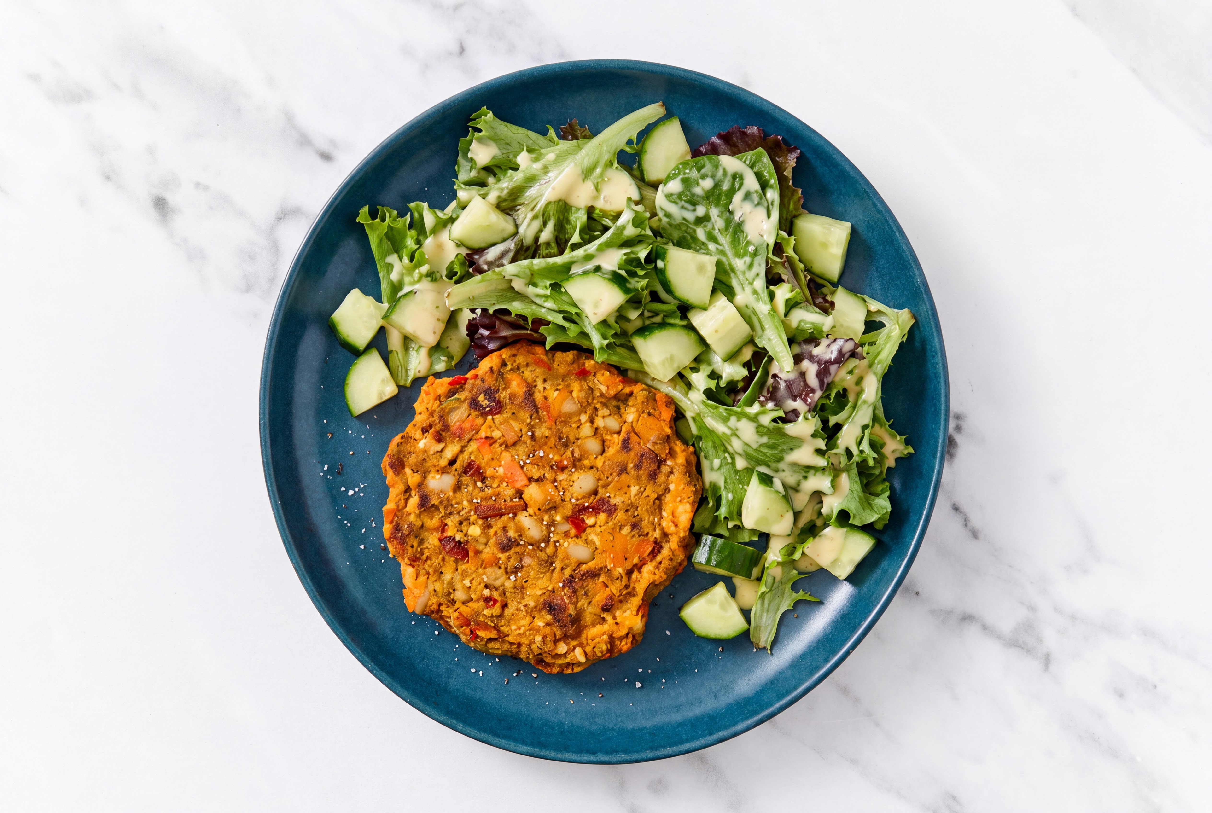 Sweet Spring Mix Lettuce + Cucumber with Sweet Potato Patties + Miso Caesar Dressing