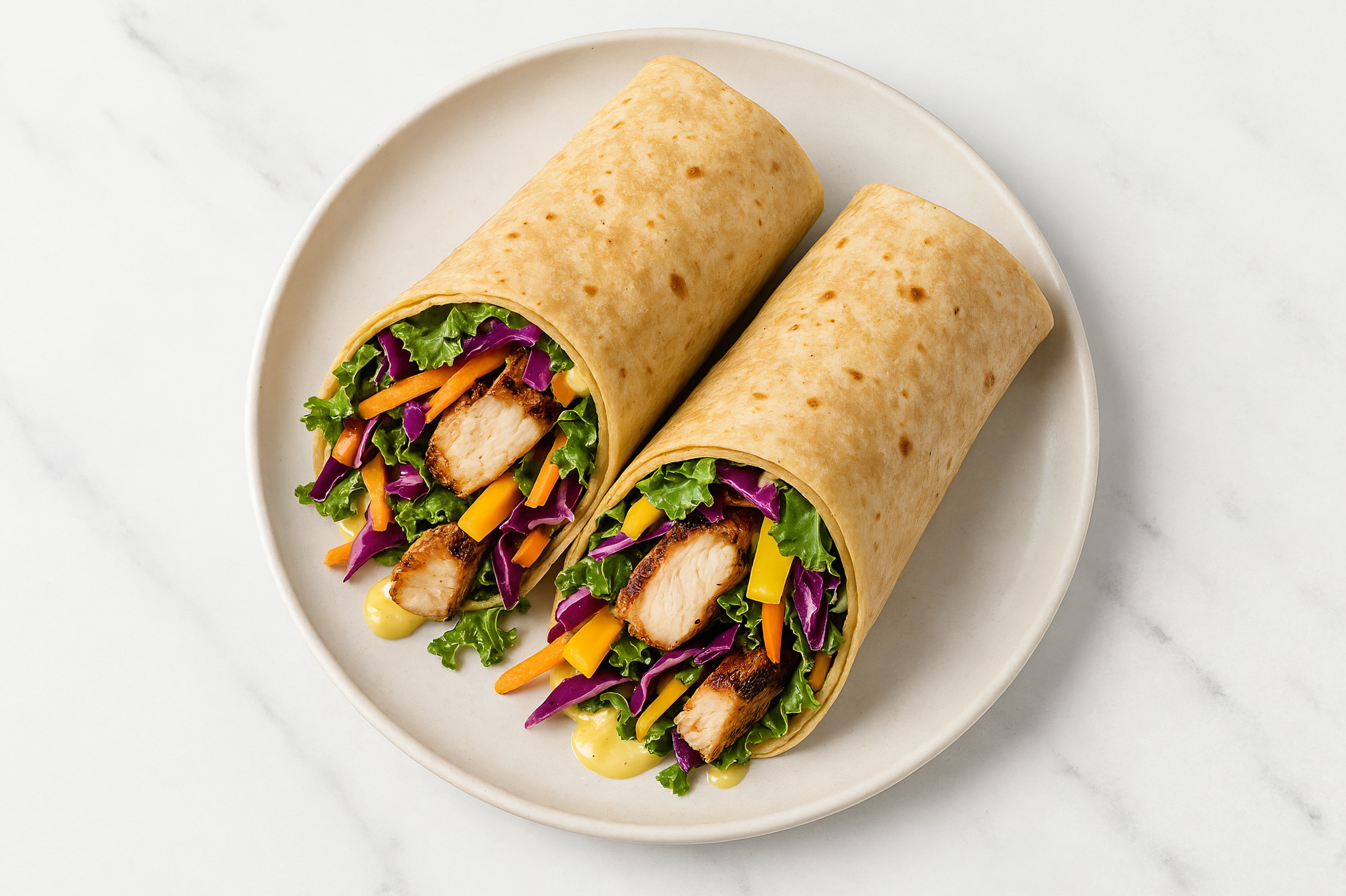 Garlic Blackened Chicken + Cheddar Tortilla Wraps with Rainbow Veggies