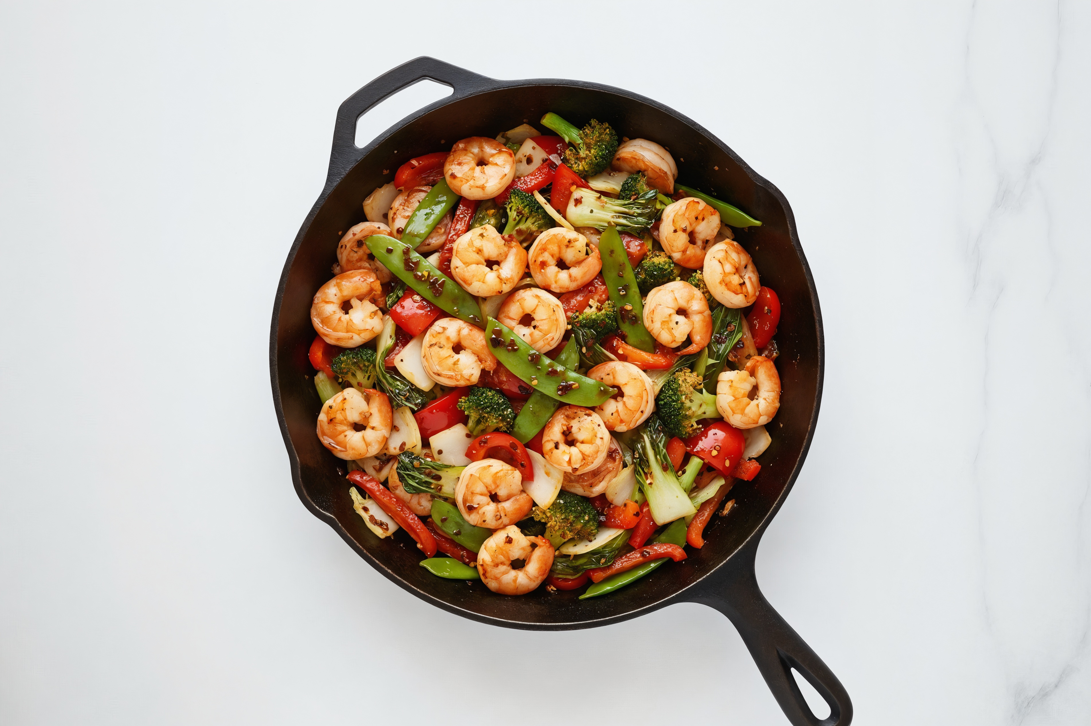 Chili Crisp Shrimp with Bok Choy Mix + Bell Pepper over Rice with Beans