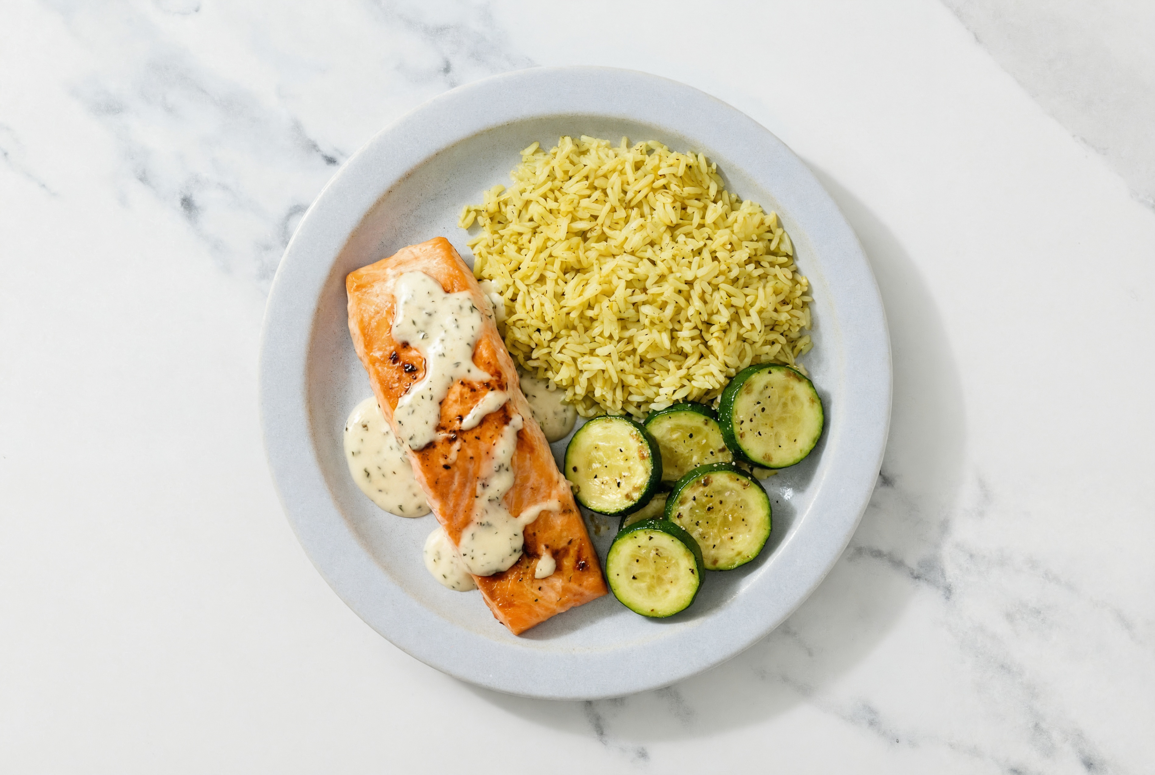 Herby Roasted Salmon with Zucchini + Garlic Sauce with Seasoned Jasmine Rice
