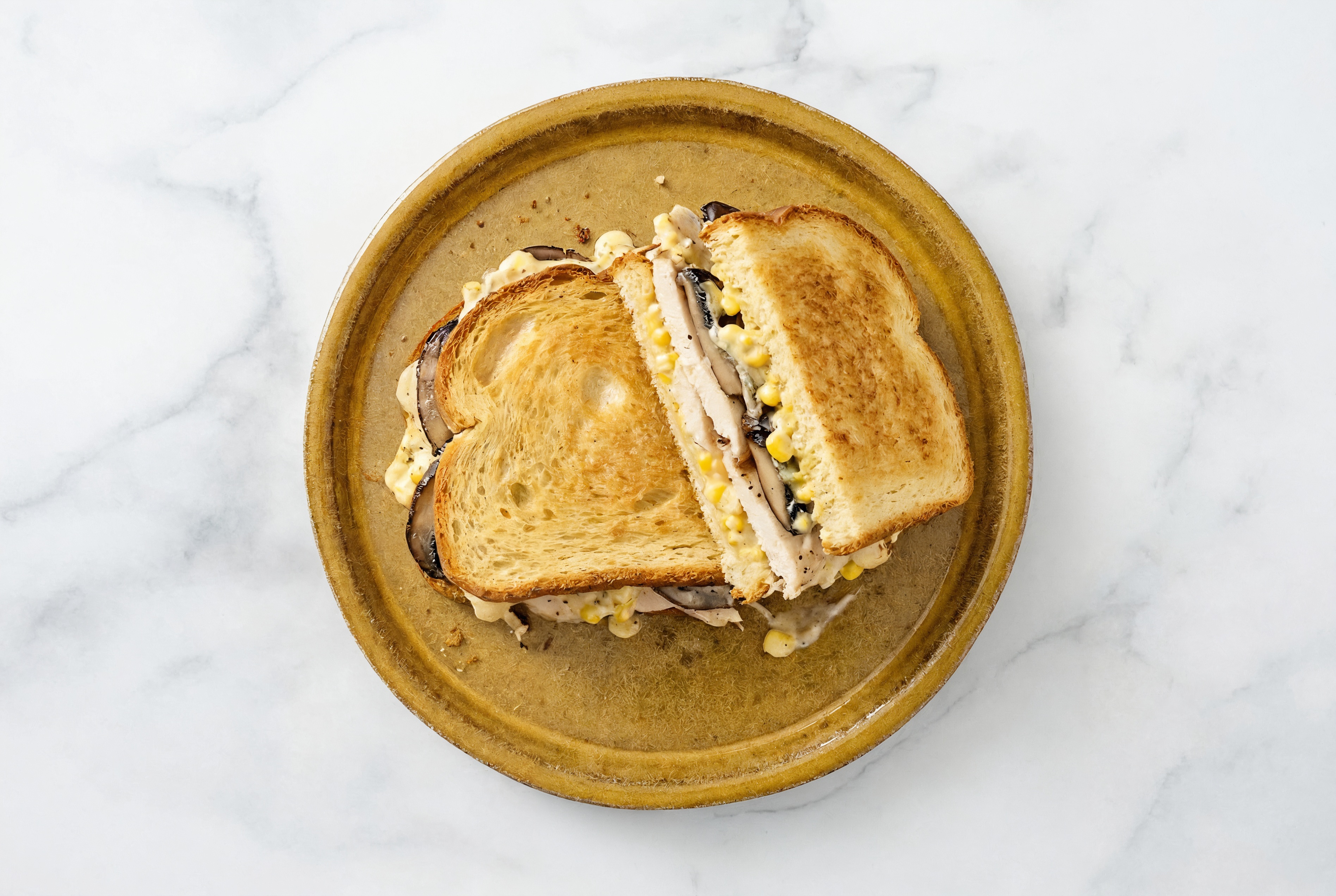 Street Corn Roasted Chicken Sandwich with Portabellas on Honey White Bread