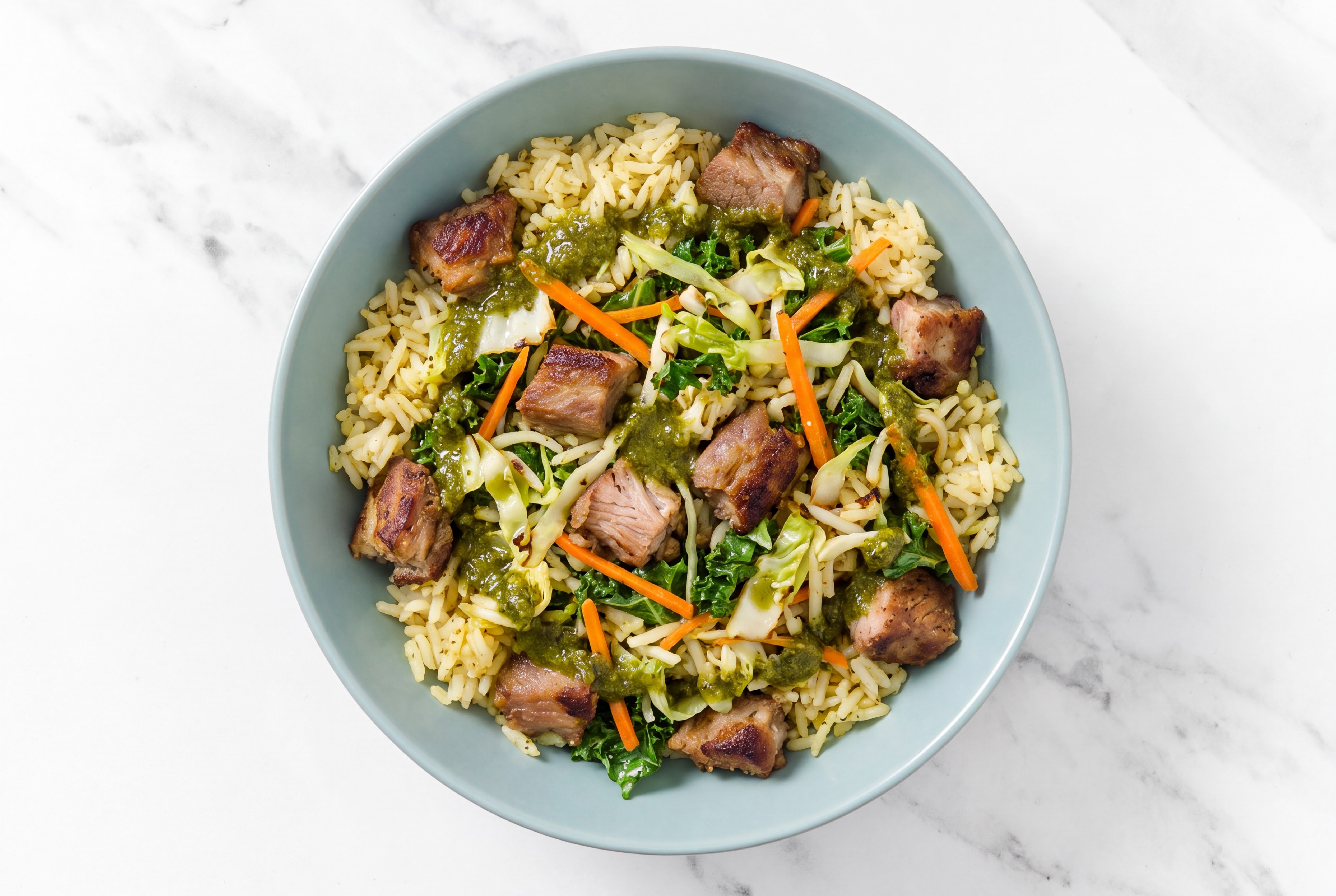 Carnitas Grain Bowl with Superblend Salad & Zhoug with Seasoned Jasmine Rice
