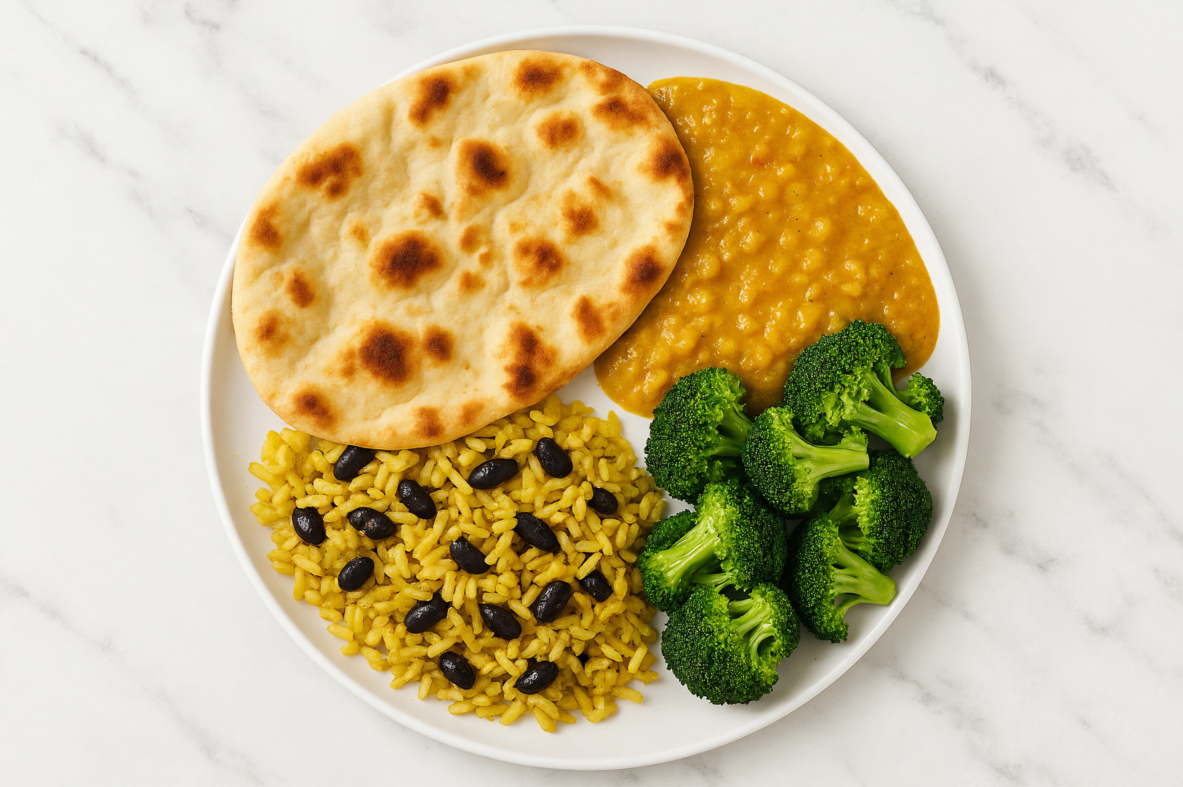 Broccoli + Red Lentil Dal Grain Bowl with Naan with Seasoned White Rice + Black Beans