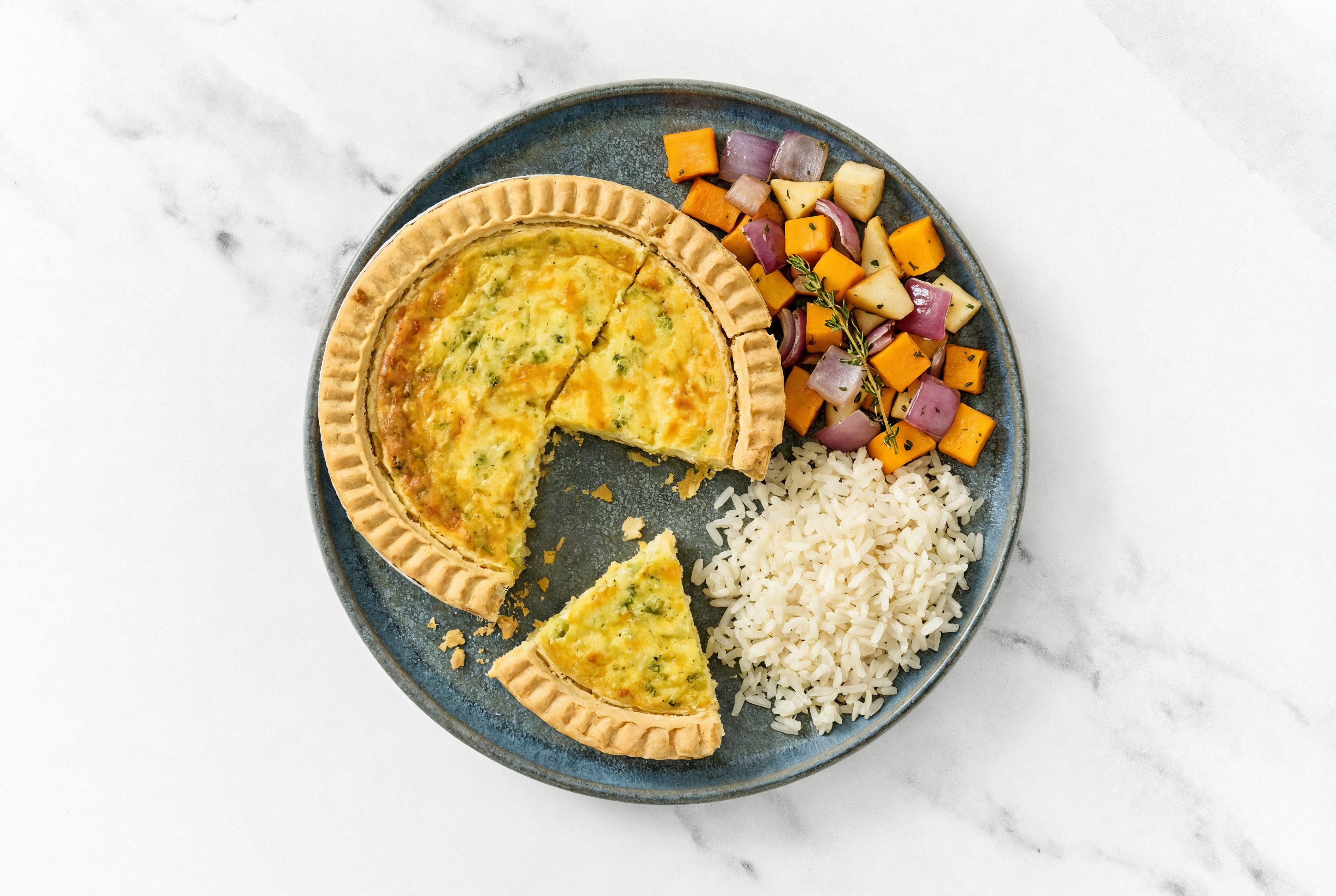 Broccoli & Cheddar Quiche with Roasting Veggies & White Rice