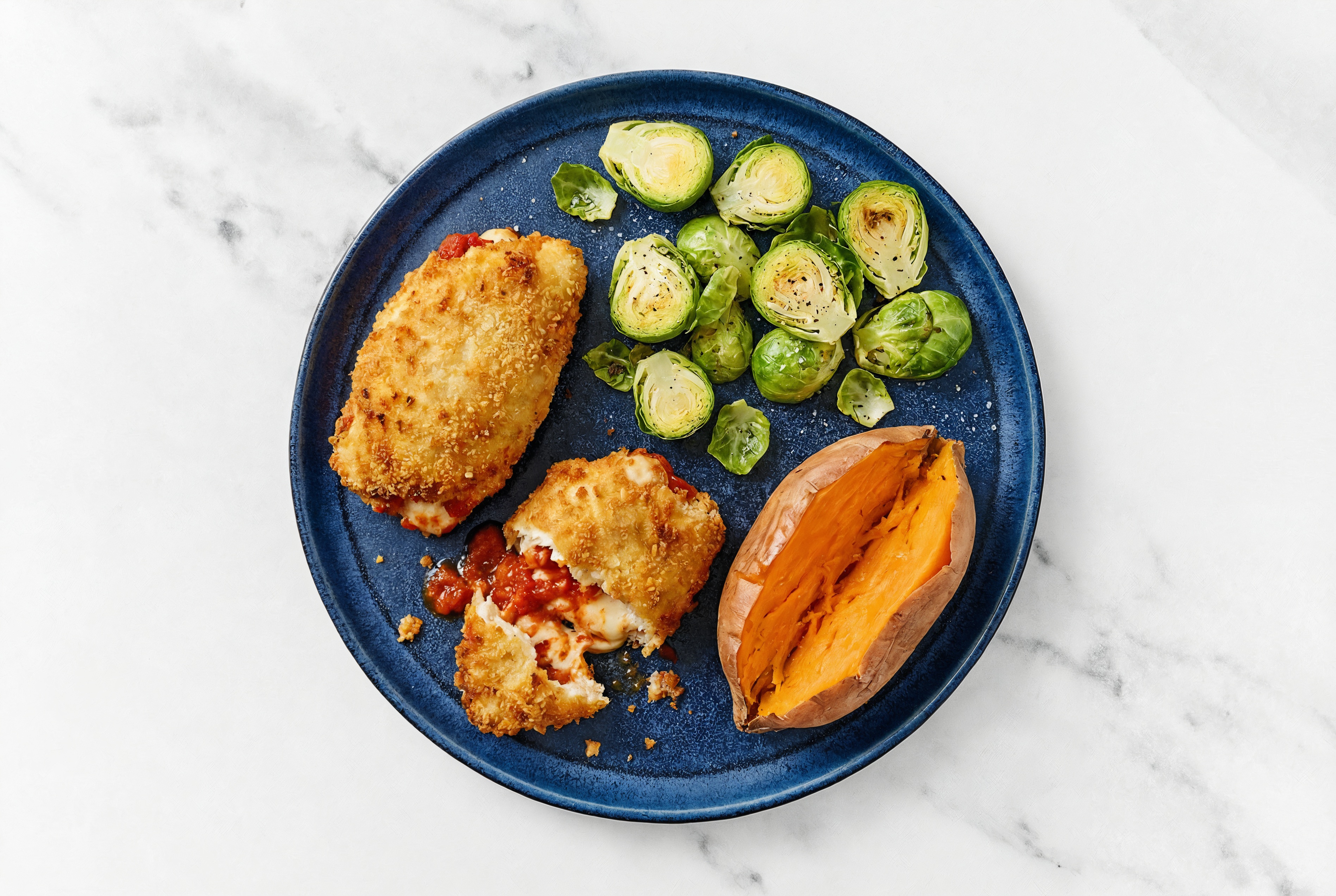 "Chicken" Parm with Brussels & Sweet Potato