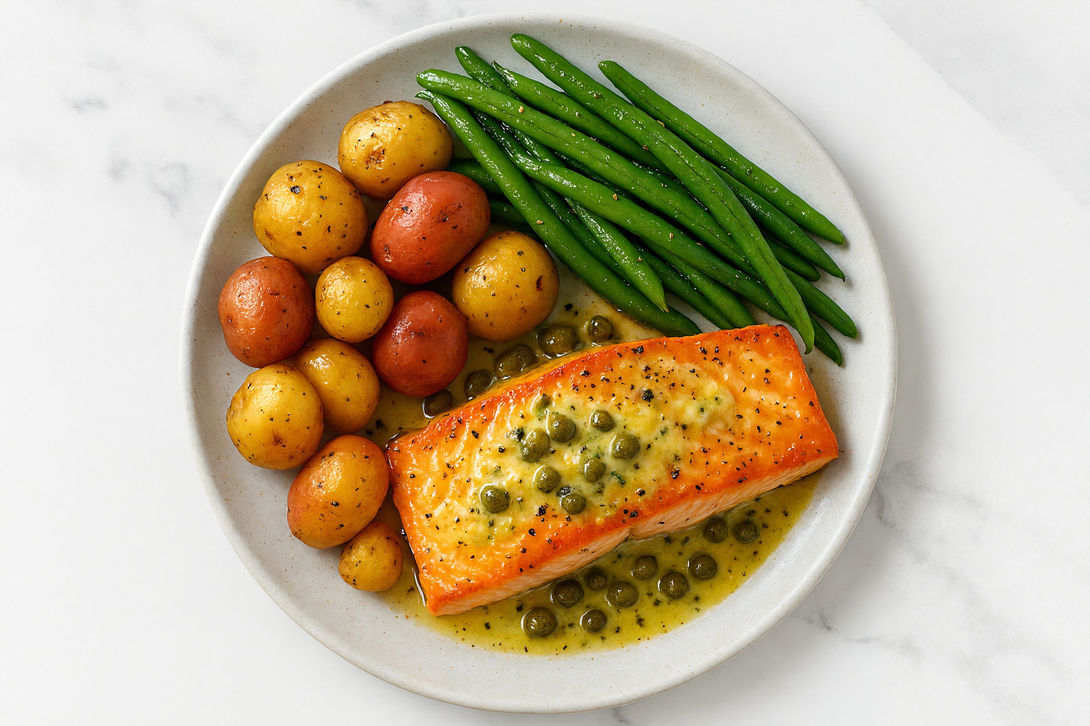 Caper-Slow Churned Lemon & Peppercorn Pasture Butter Salmon with Creamer Potatoes & Green Beans