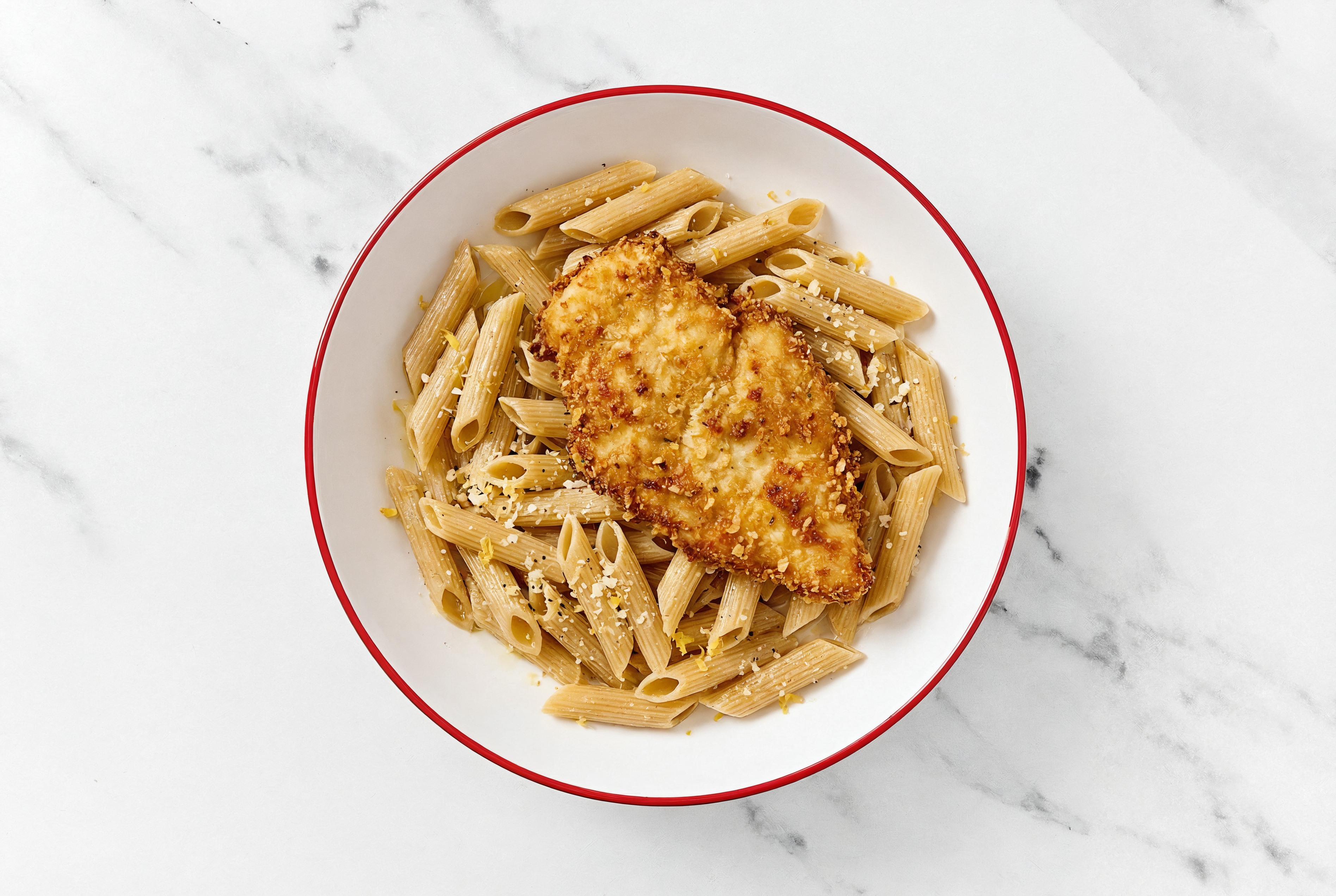 Parmesan Crusted Chicken Breasts + Lemony Sourdough Penne Rigate