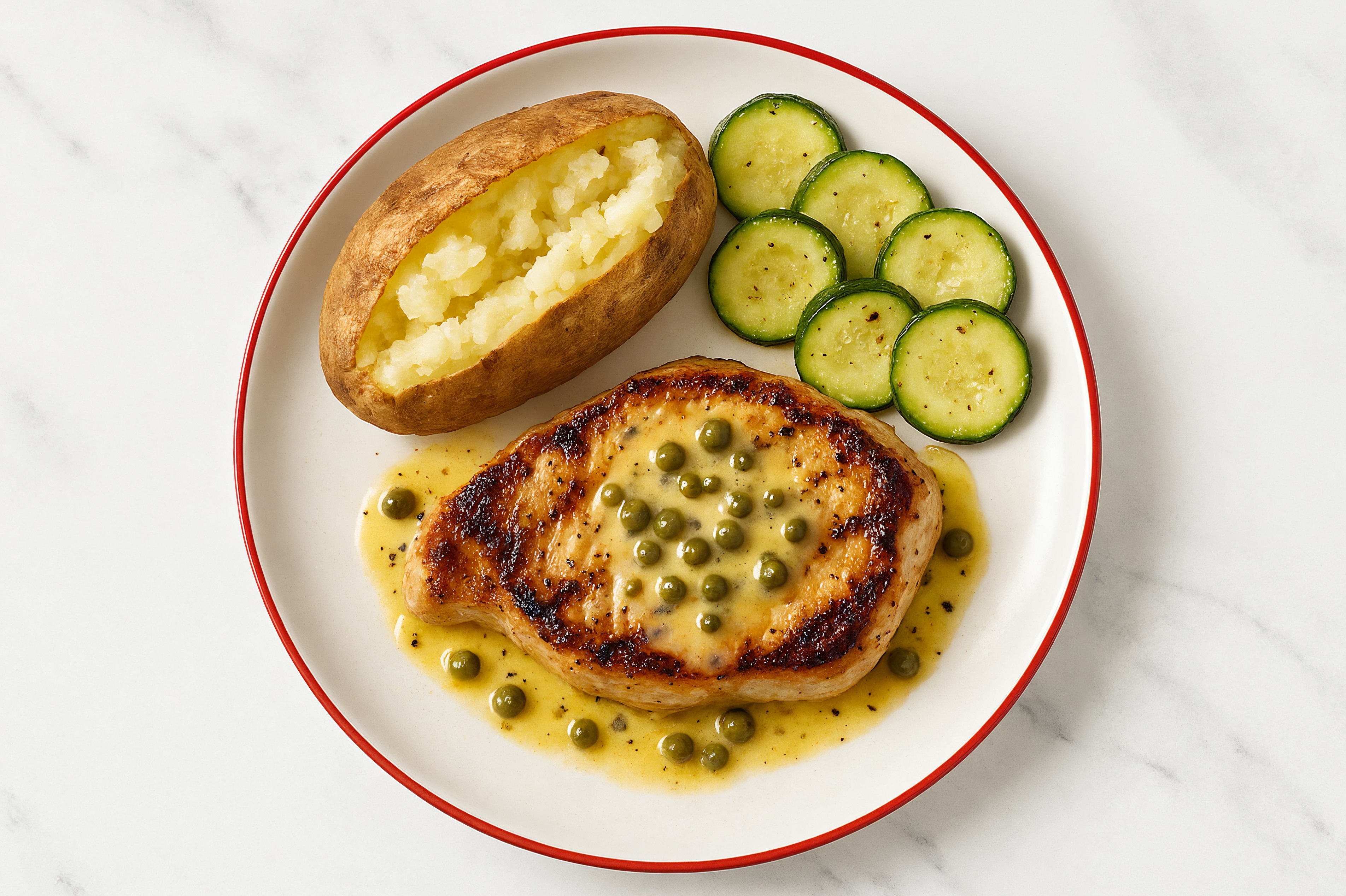 Caper-Butter Pork Chops with Russet Potato & Zucchini