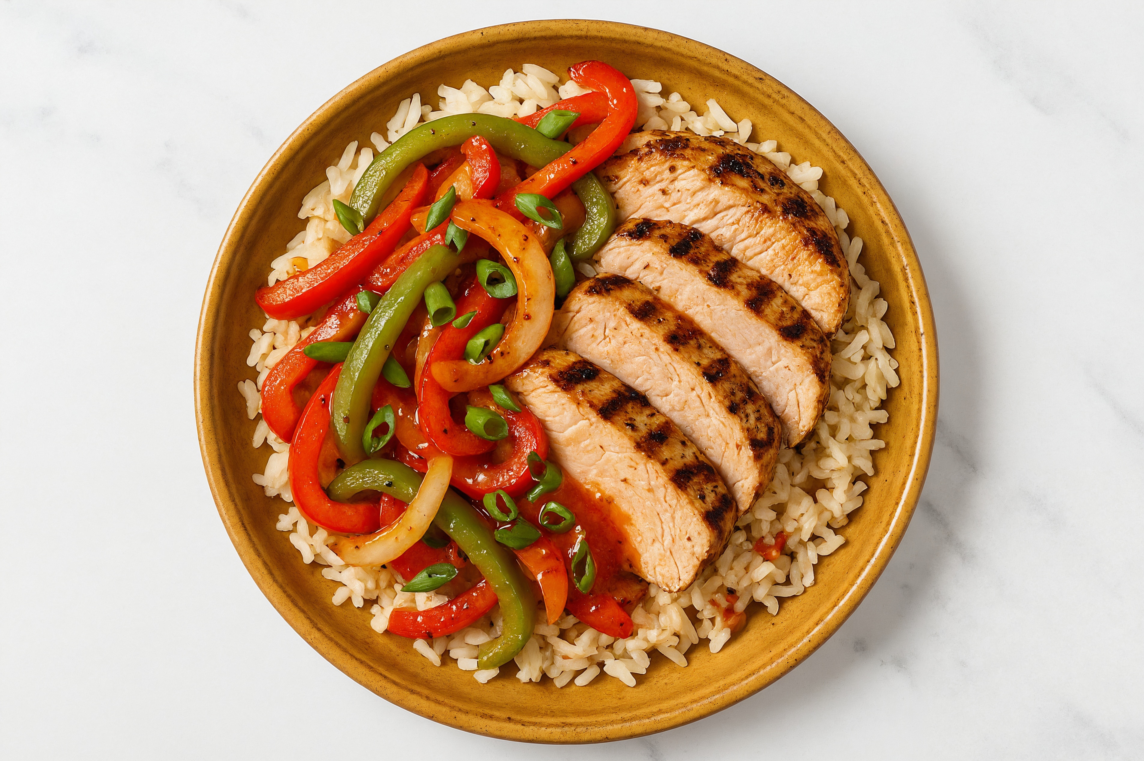 Grilled Pork Tenderloin + Rice, Bell Pepper Saute, Scallions + Sweet Chili Lime Bowl