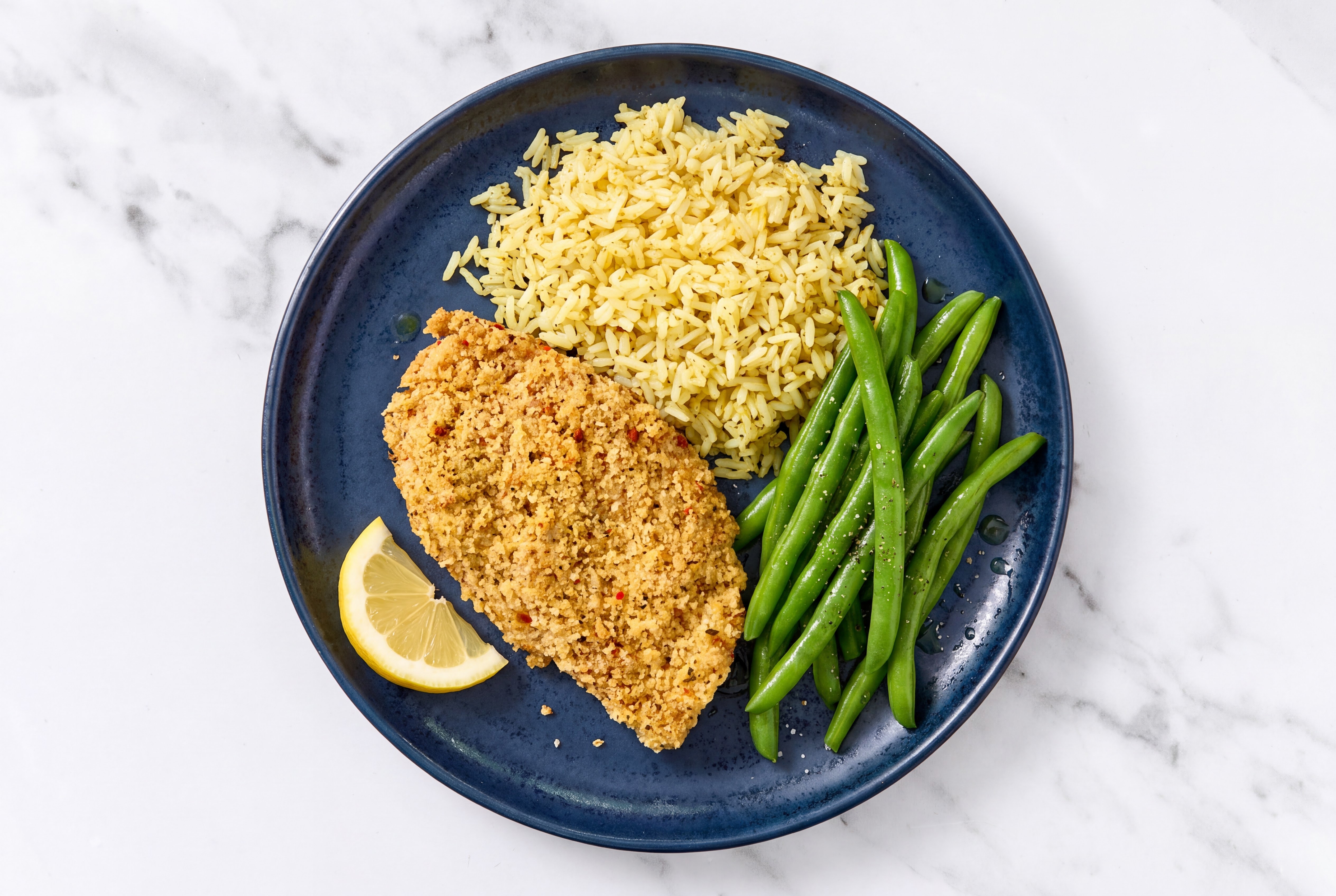 Lemon Parmesan Breaded Chicken Cutlet with Green Beans & Jasmine Rice