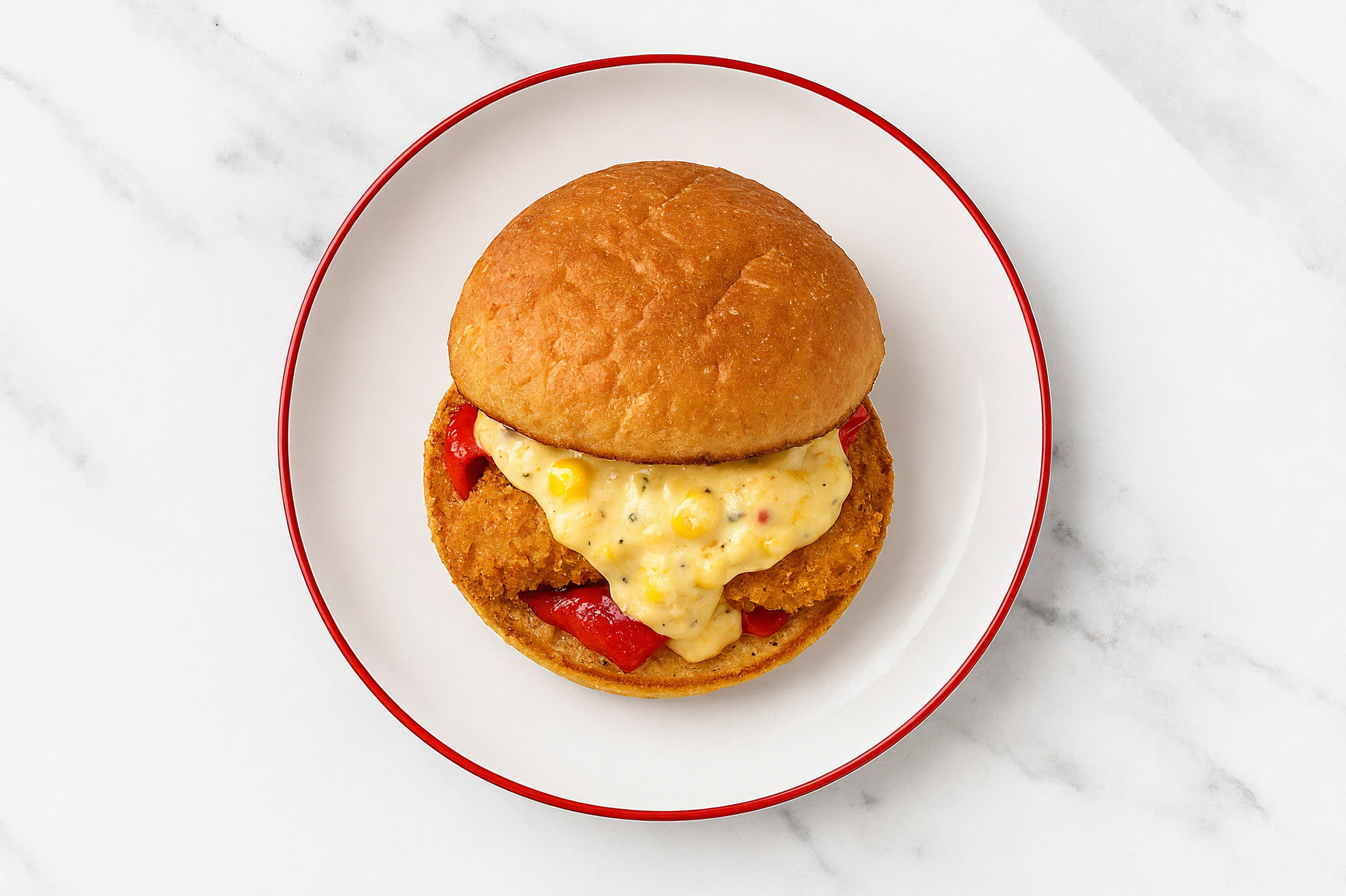 Street Corn "Chicken" Tenders Sandwich with Roasted Peppers on Gluten-Free Buns