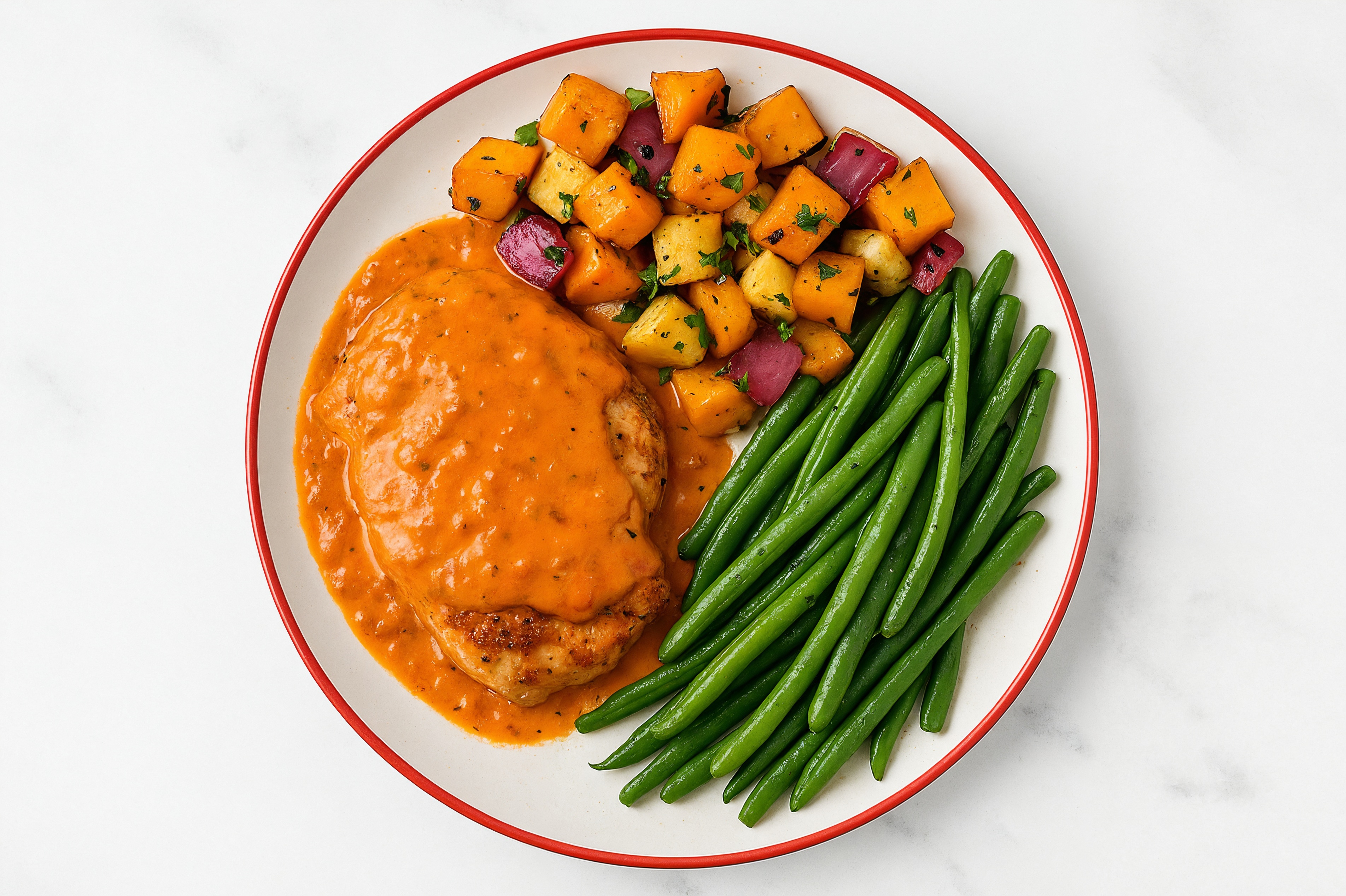Creamy Vodka Smothered Chicken Thighs with Green Beans & Roasted Vegetables