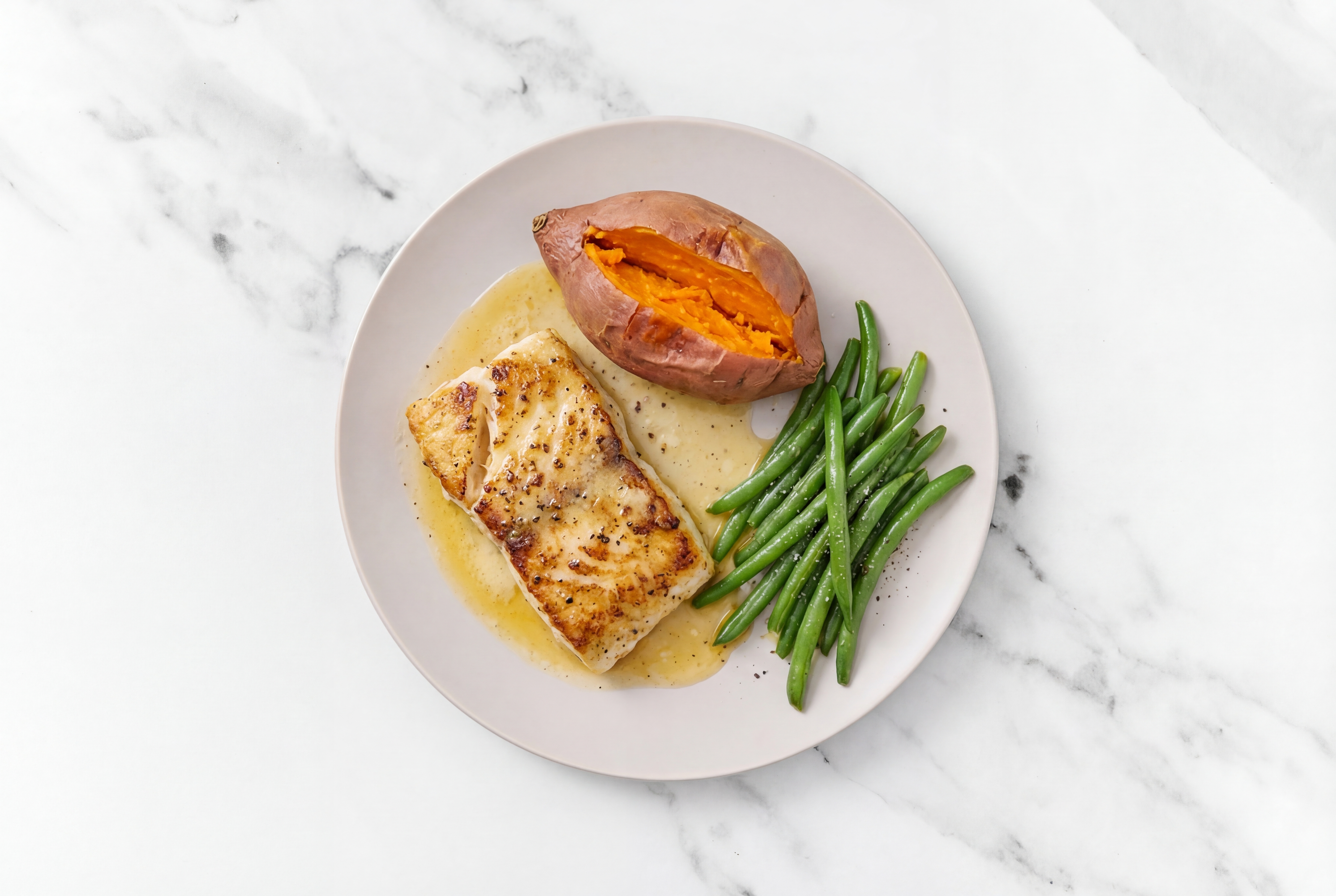 Lemon-Butter Barramundi with Sweet Potato & Green Beans