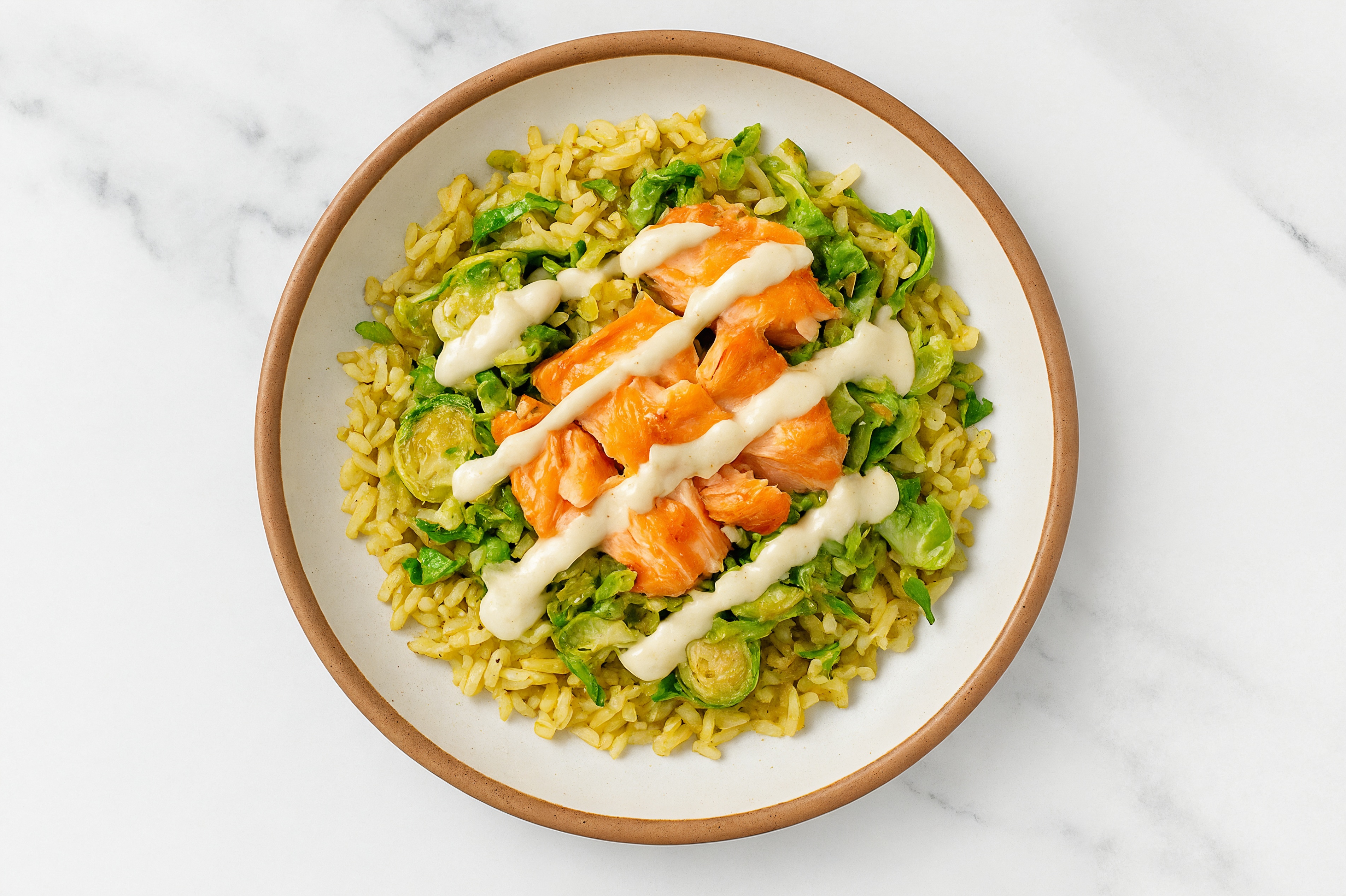 Garlicky Roasted Salmon + Crispy Brussels Bowl with Seasoned Jasmine Rice