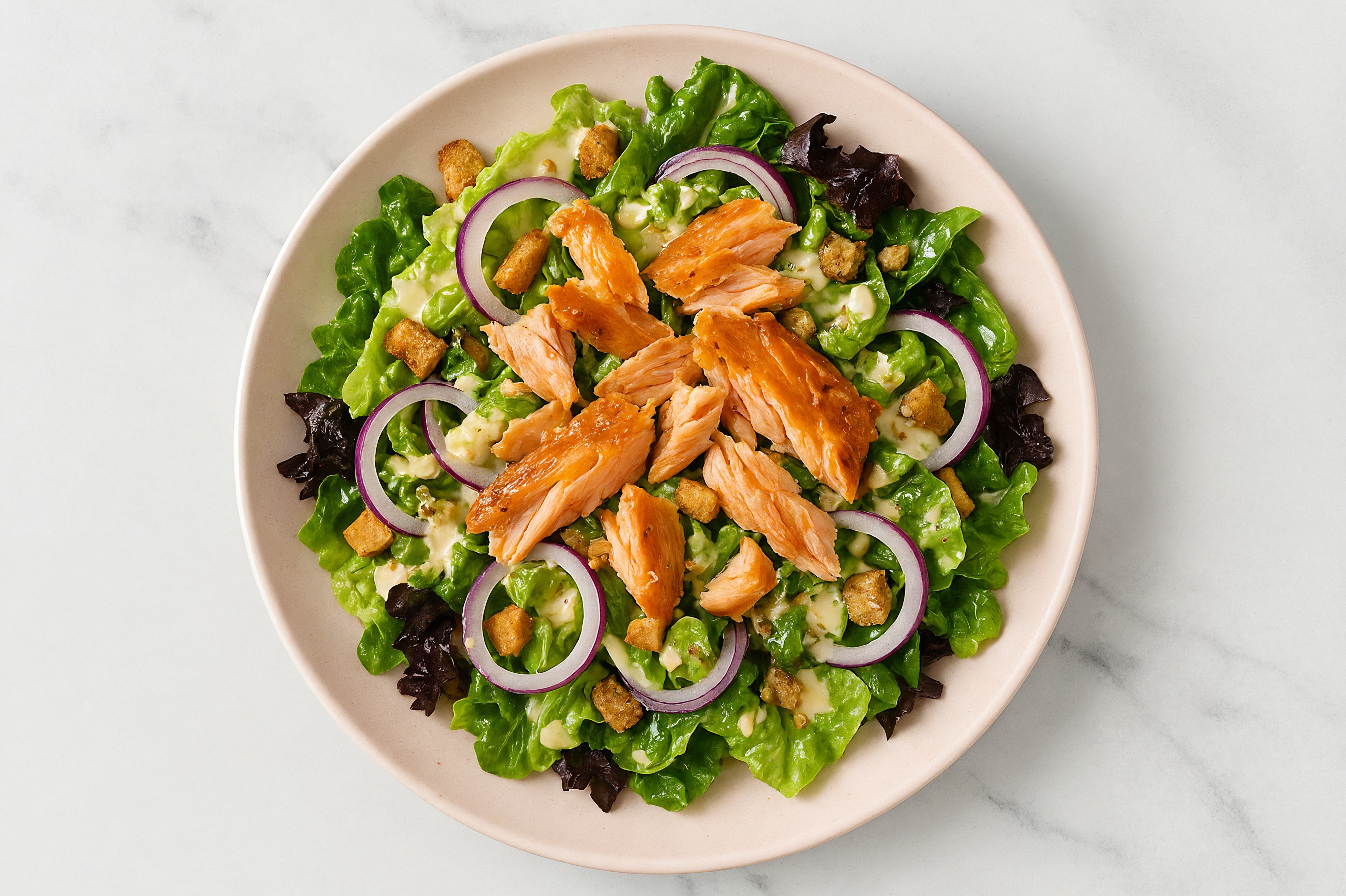 Quick Little Gem Salad with Salmon + Red Onion