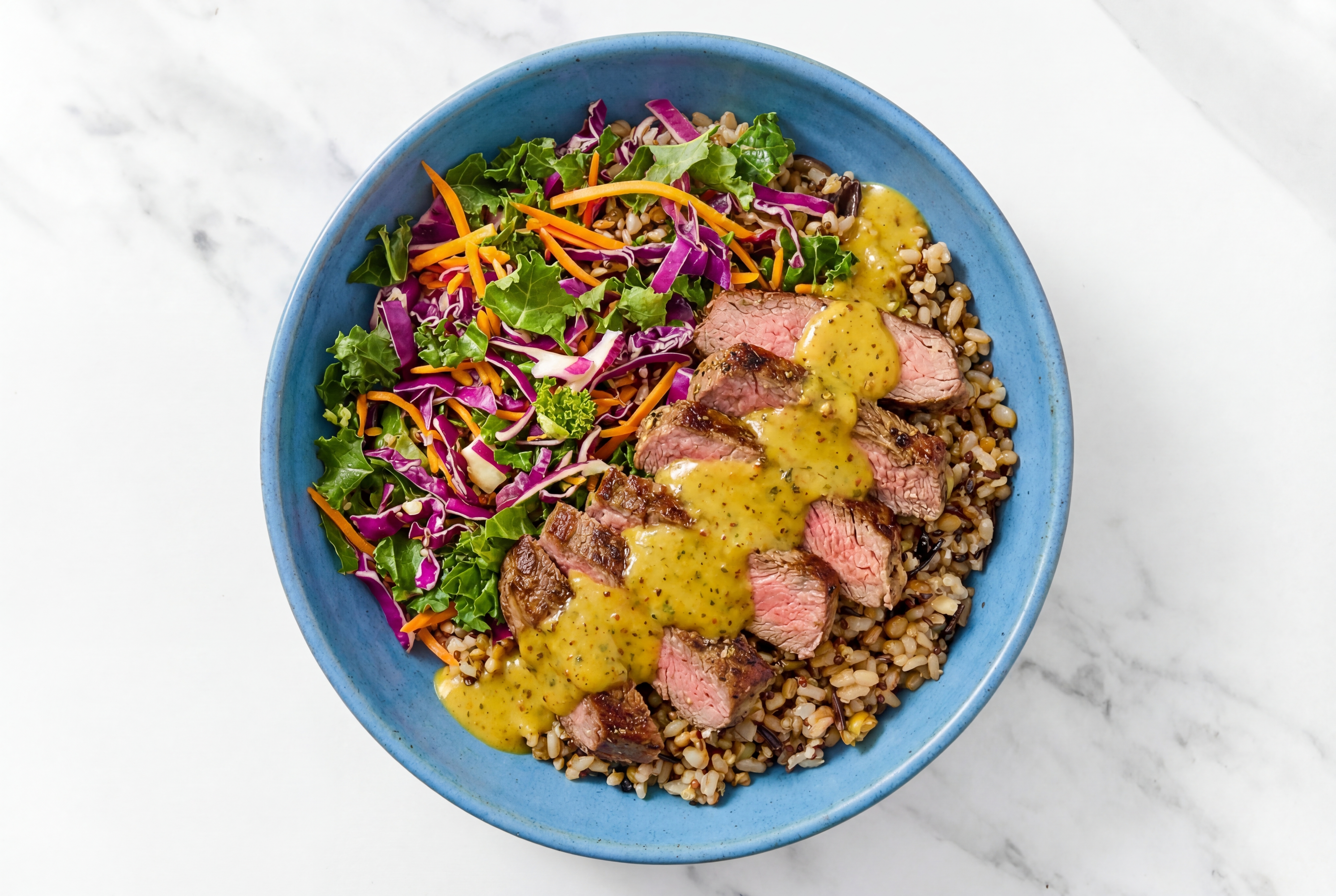 Flank Rosemary Garlic Beef Steak & Rainbow Veggie Grain Bowl with Coconut Curry