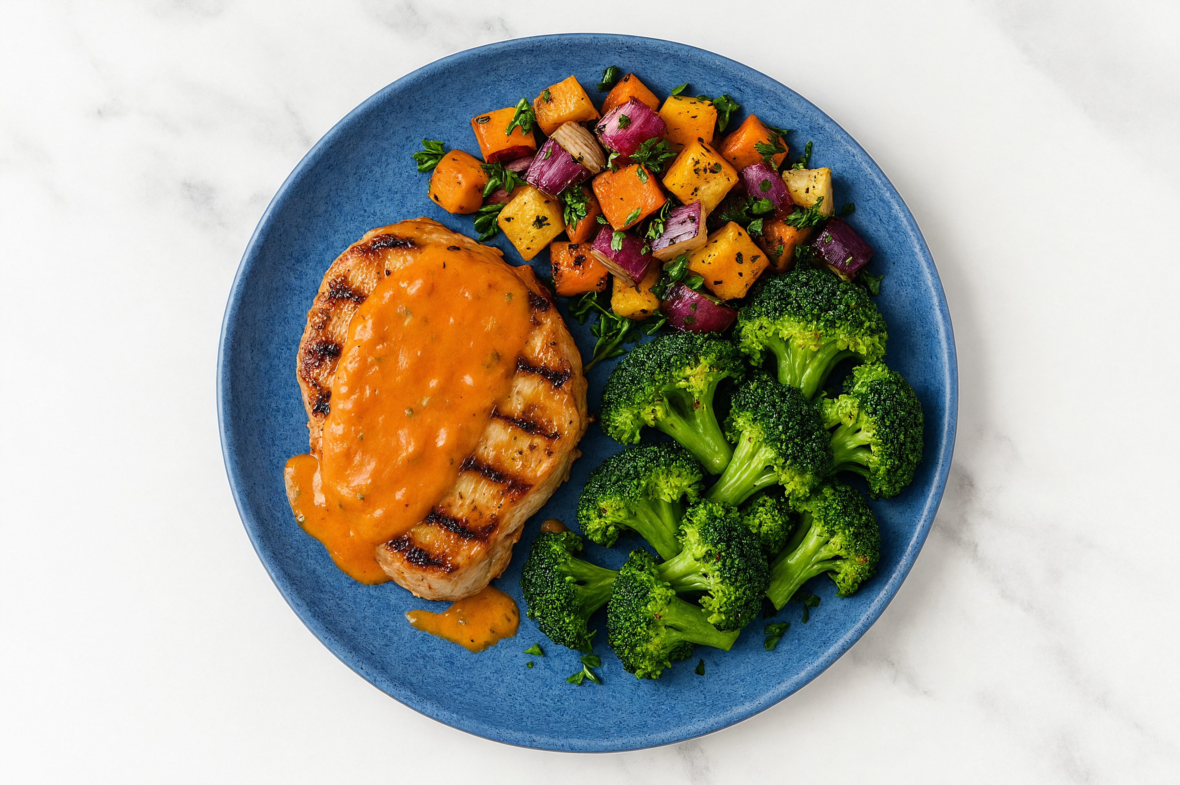 Creamy Vodka Smothered Pork Chops with Broccoli & Roasted Vegetables