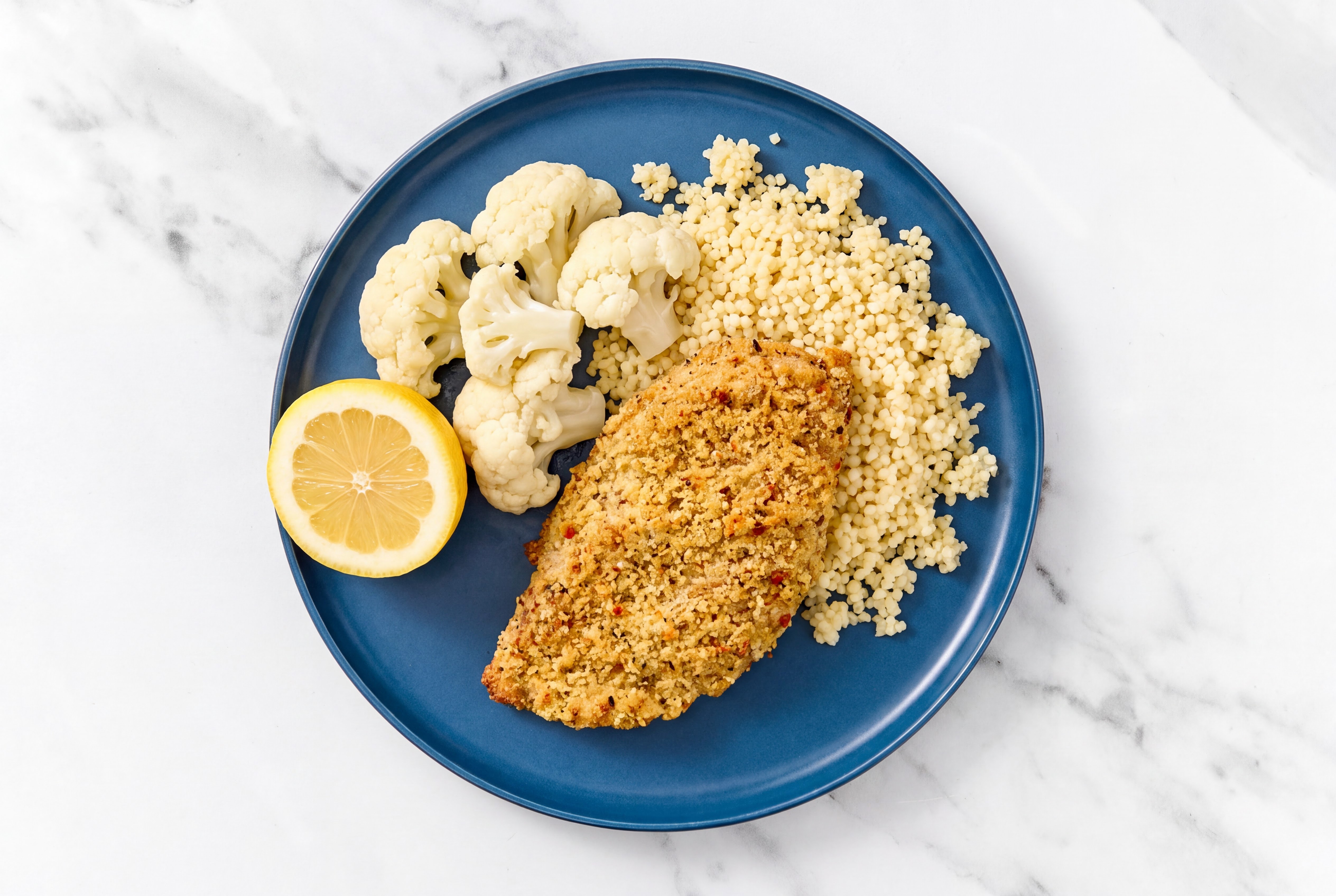 Lemon Parmesan Breaded Chicken Cutlet with Cauliflower Florets & Couscous