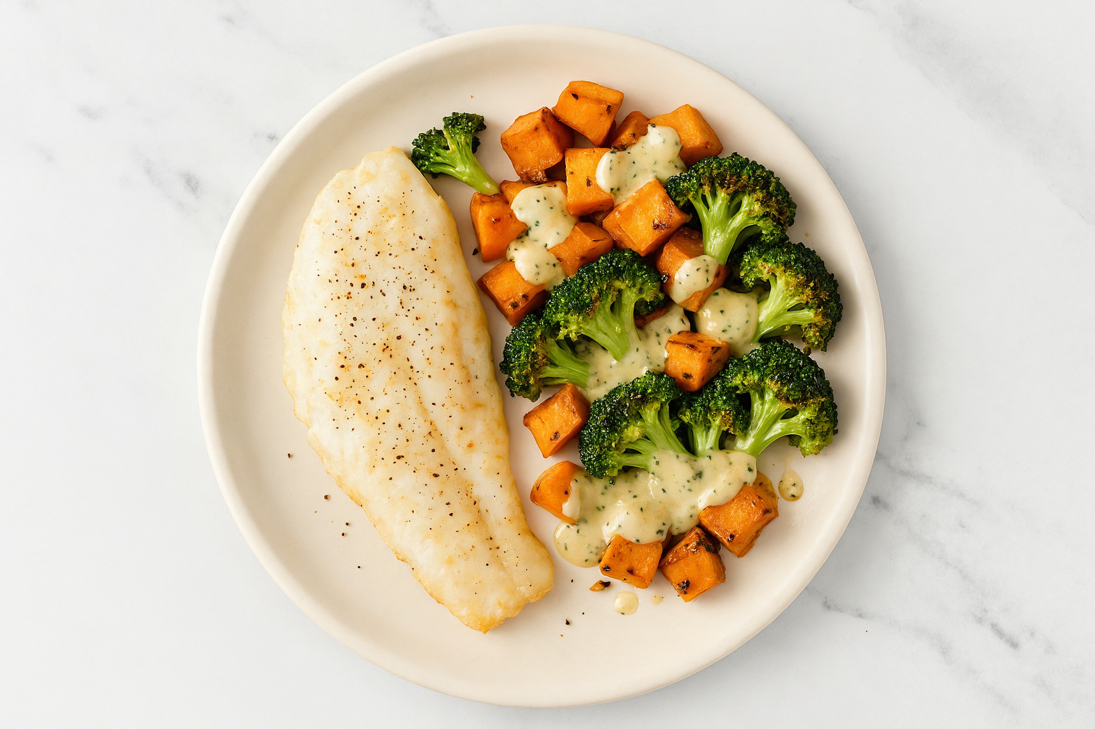 Sheet Pan Tahini-Cod with Sweet Potatoes & Broccoli