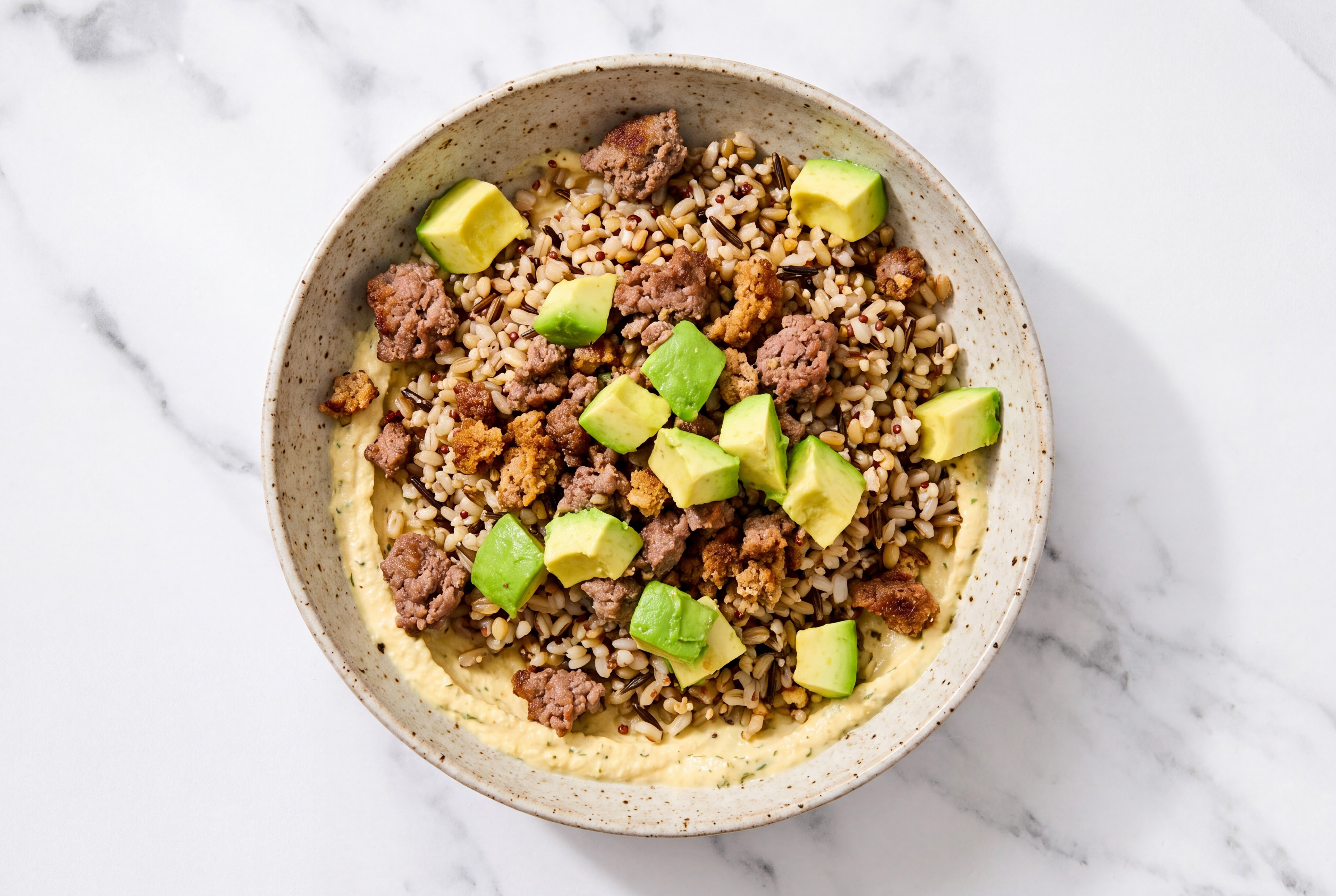 Ground 93/7 Lean Beef & Avocado Grain Bowl with Lemon Dill Hummus