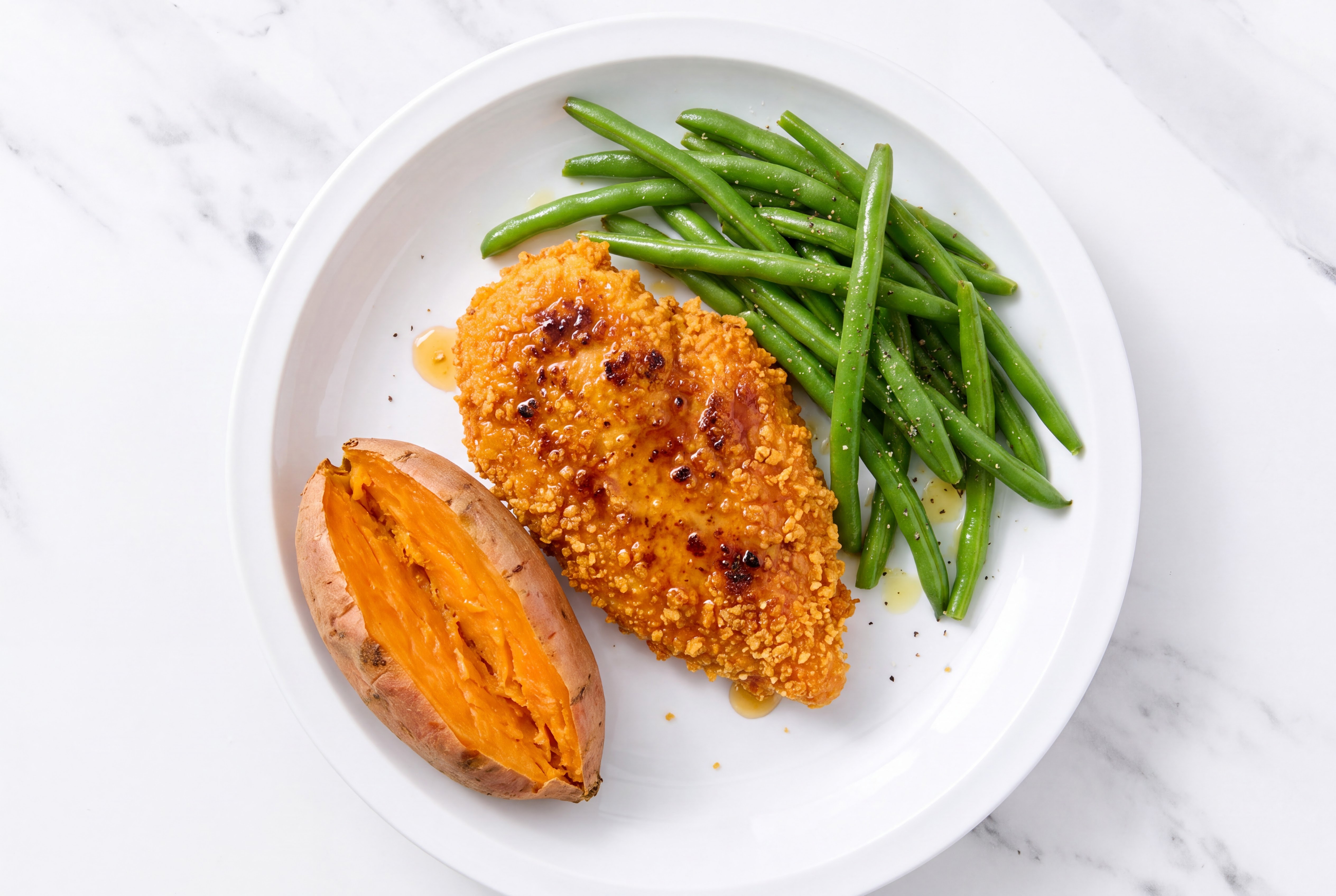 Hot Honey Breaded Chicken Cutlet with Green Beans & Sweet Potato