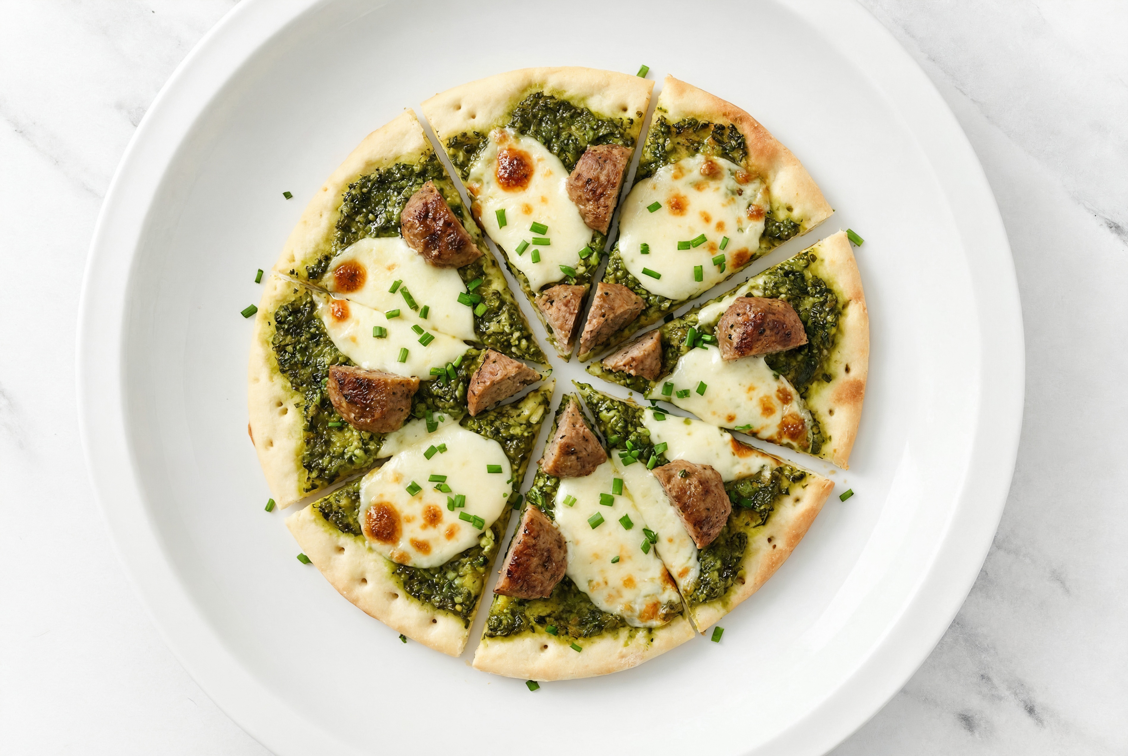 Super Green Meatball Pizza with Fresh Mozz + Fresh Chives