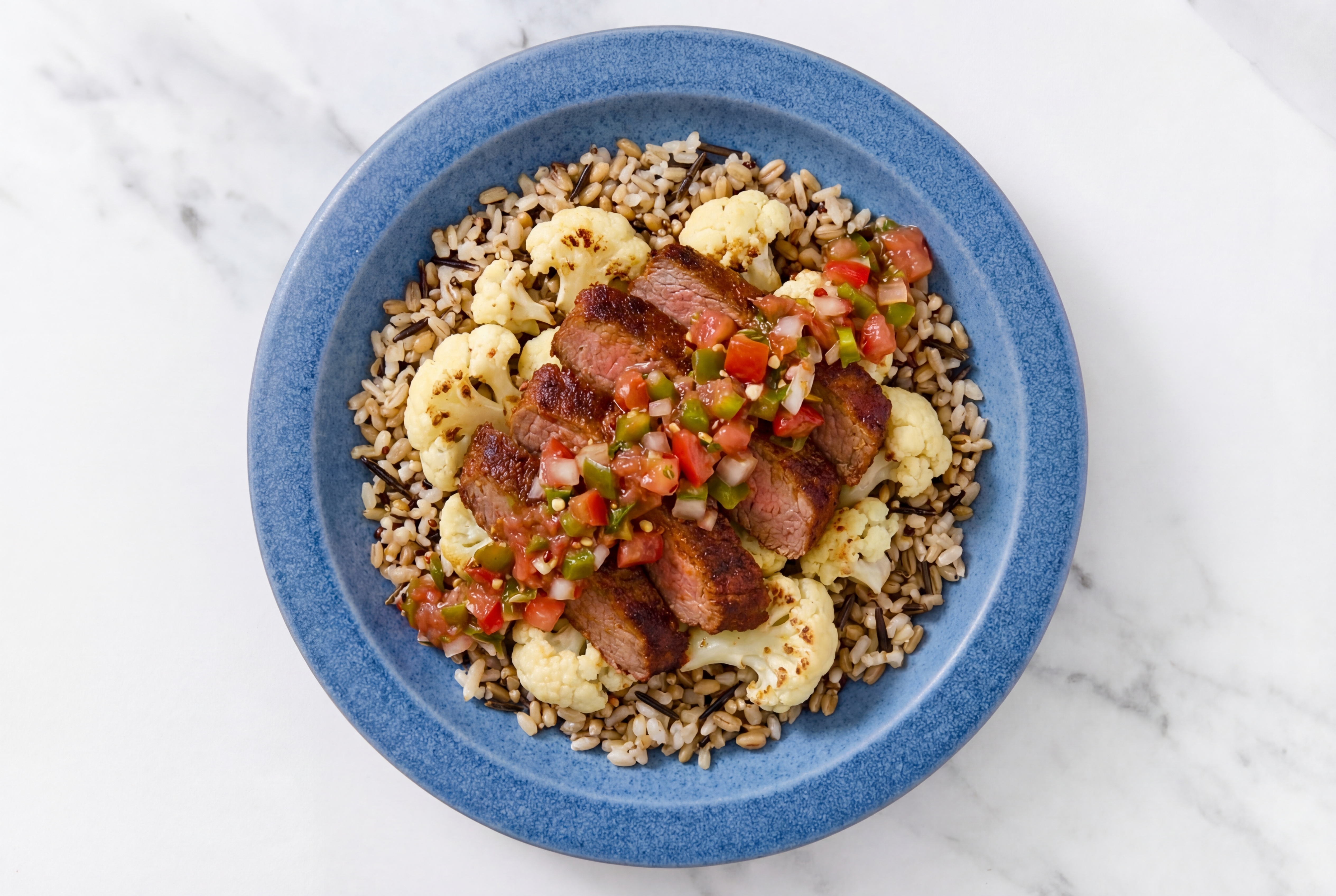 Adobo Marinated Flank Steak & Cauliflower Grain Bowl with Pico De Gallo