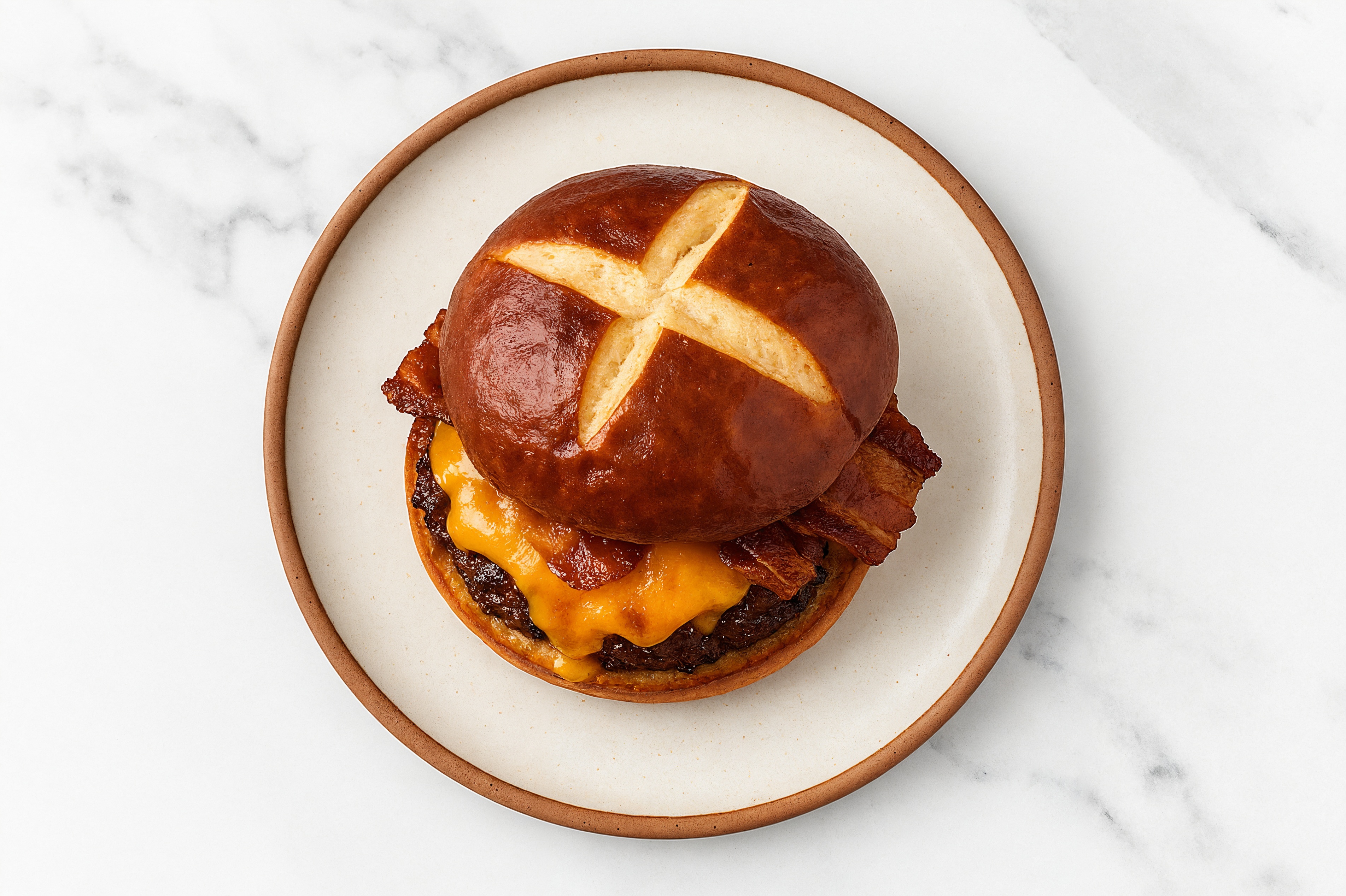 Juicy Maple Bacon Cheeseburger on Pretzel Bun with Wagyu Beef Patties