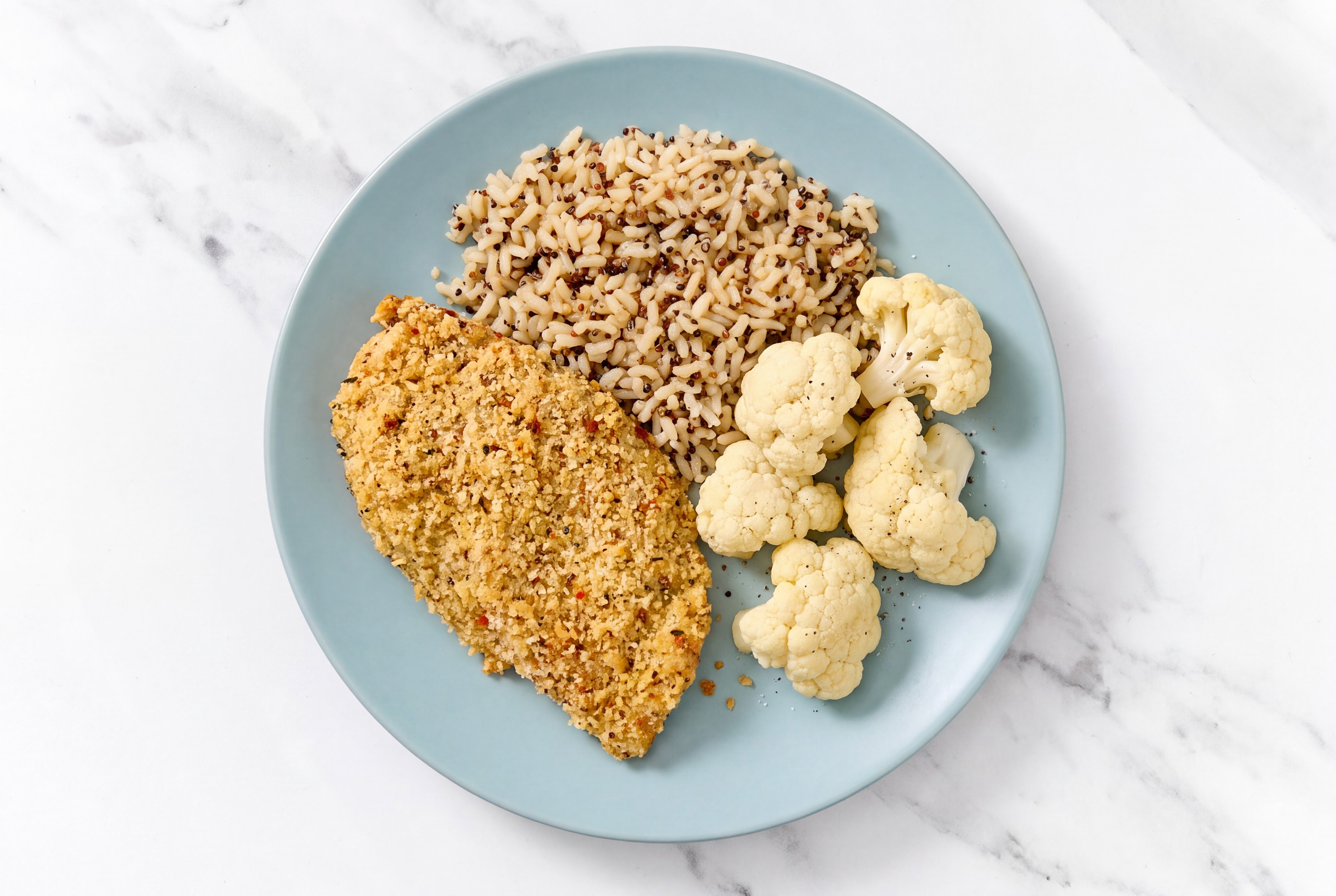 Parmesan Breaded Chicken Cutlet with Cauliflower Florets & Brown Rice